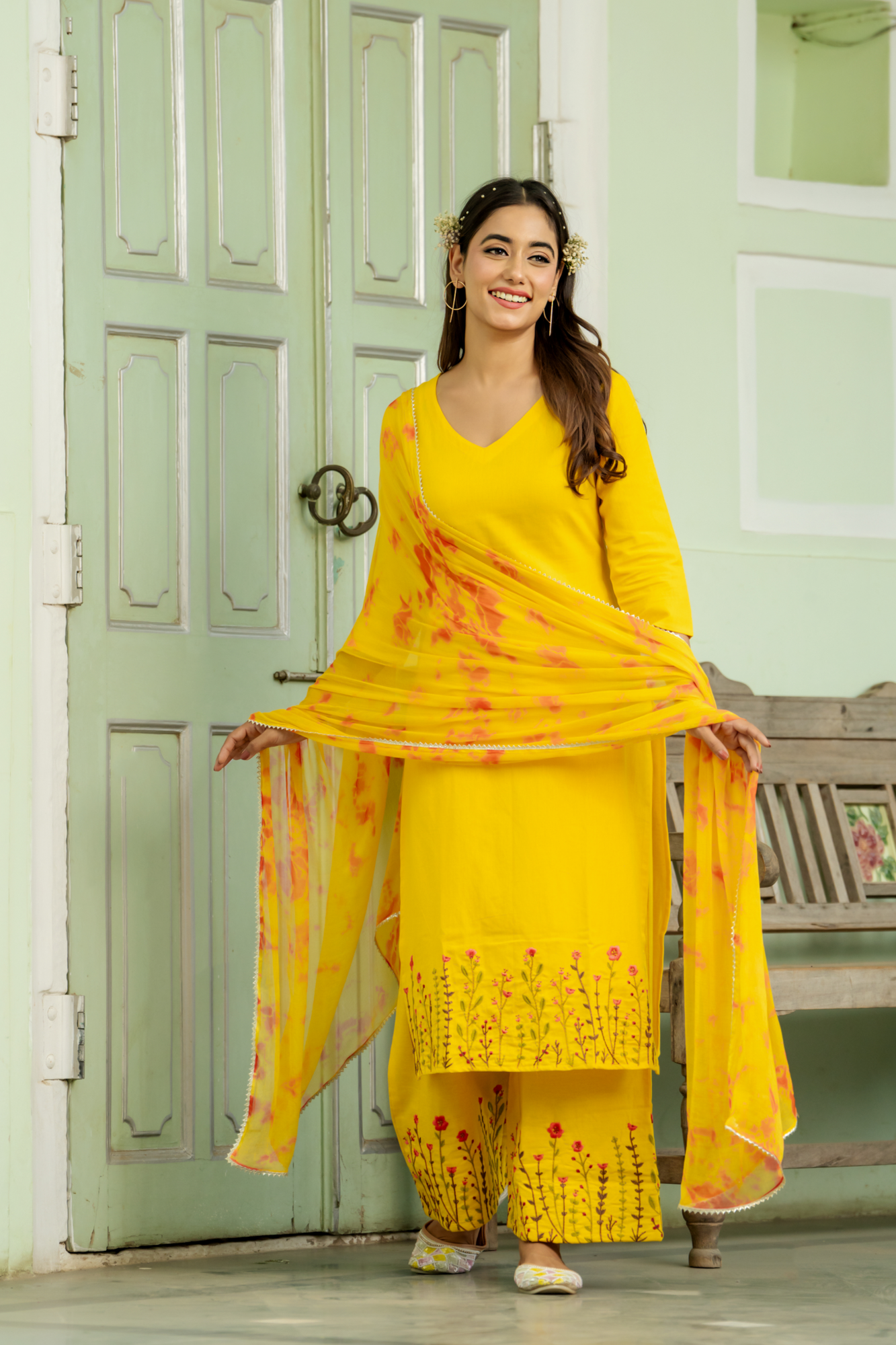 BRIGHT MUSTARD EMBROIDERY PALAZZO SET