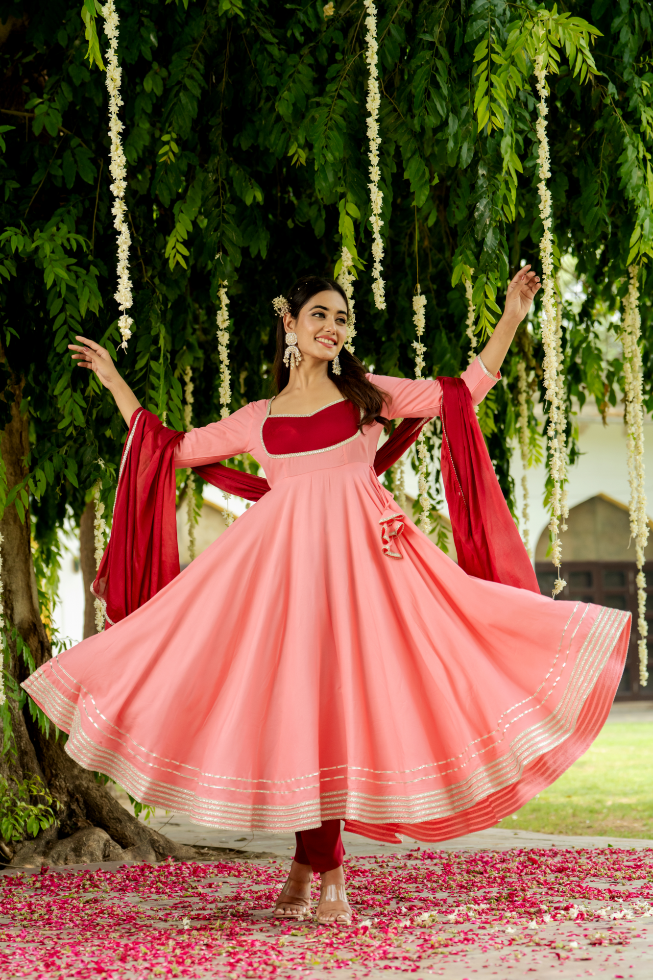 OPULENCE PEACH MAROON LACE SUIT SET