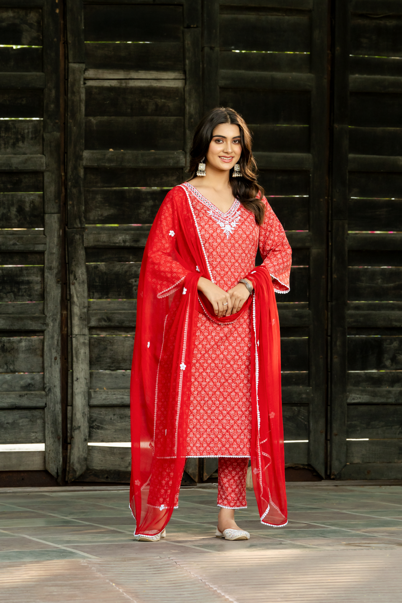 RED EMBROIDERED KANTHA KURTA SET