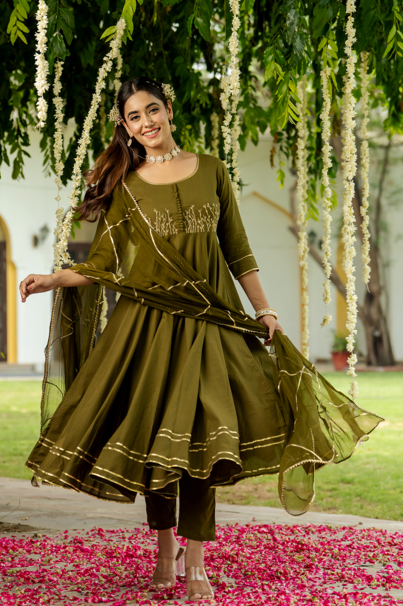 OLIVE ZARI ELEGANCE ANARKALI SET