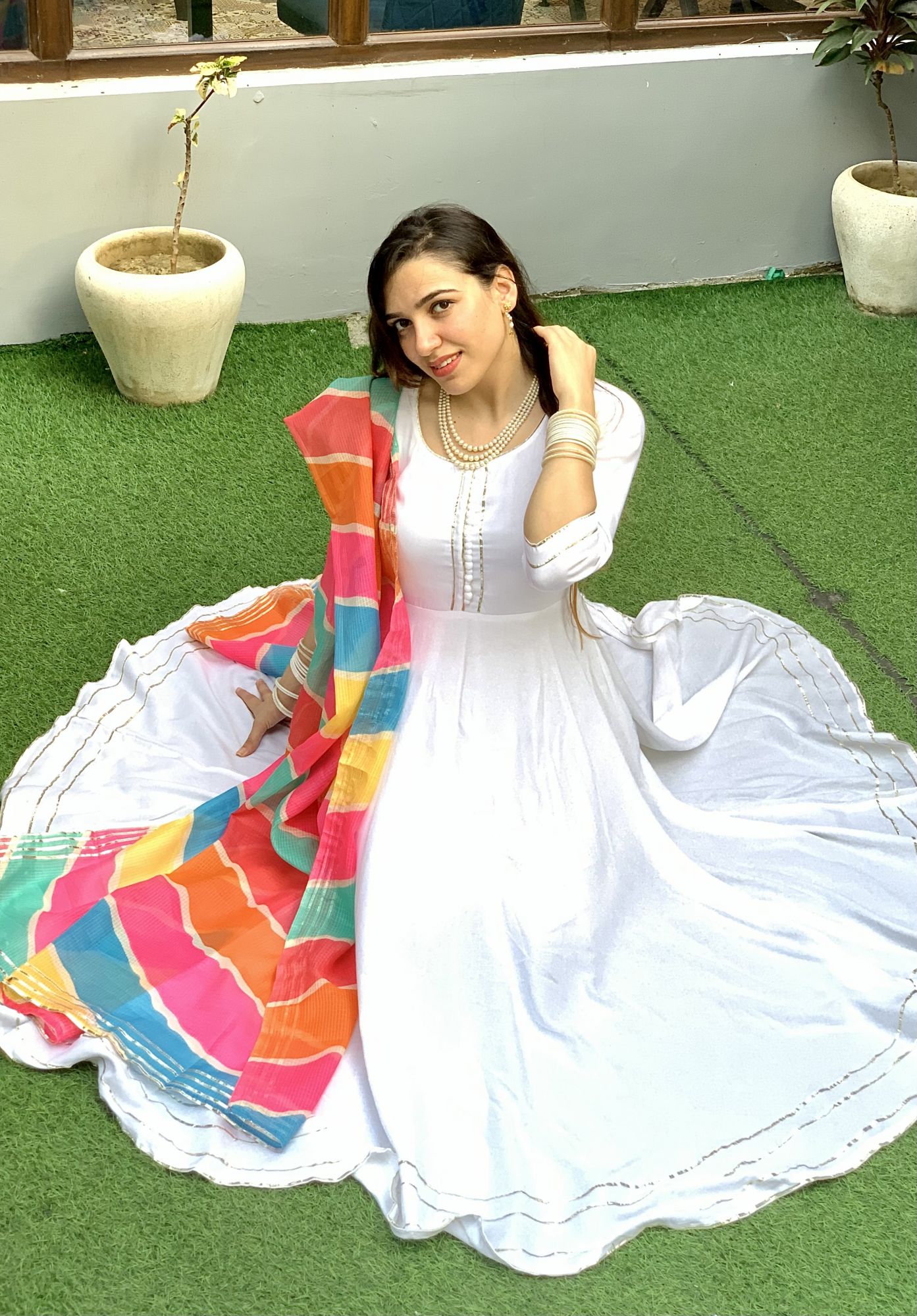 WHITE FLARED KOTA DORIYA SUIT SET