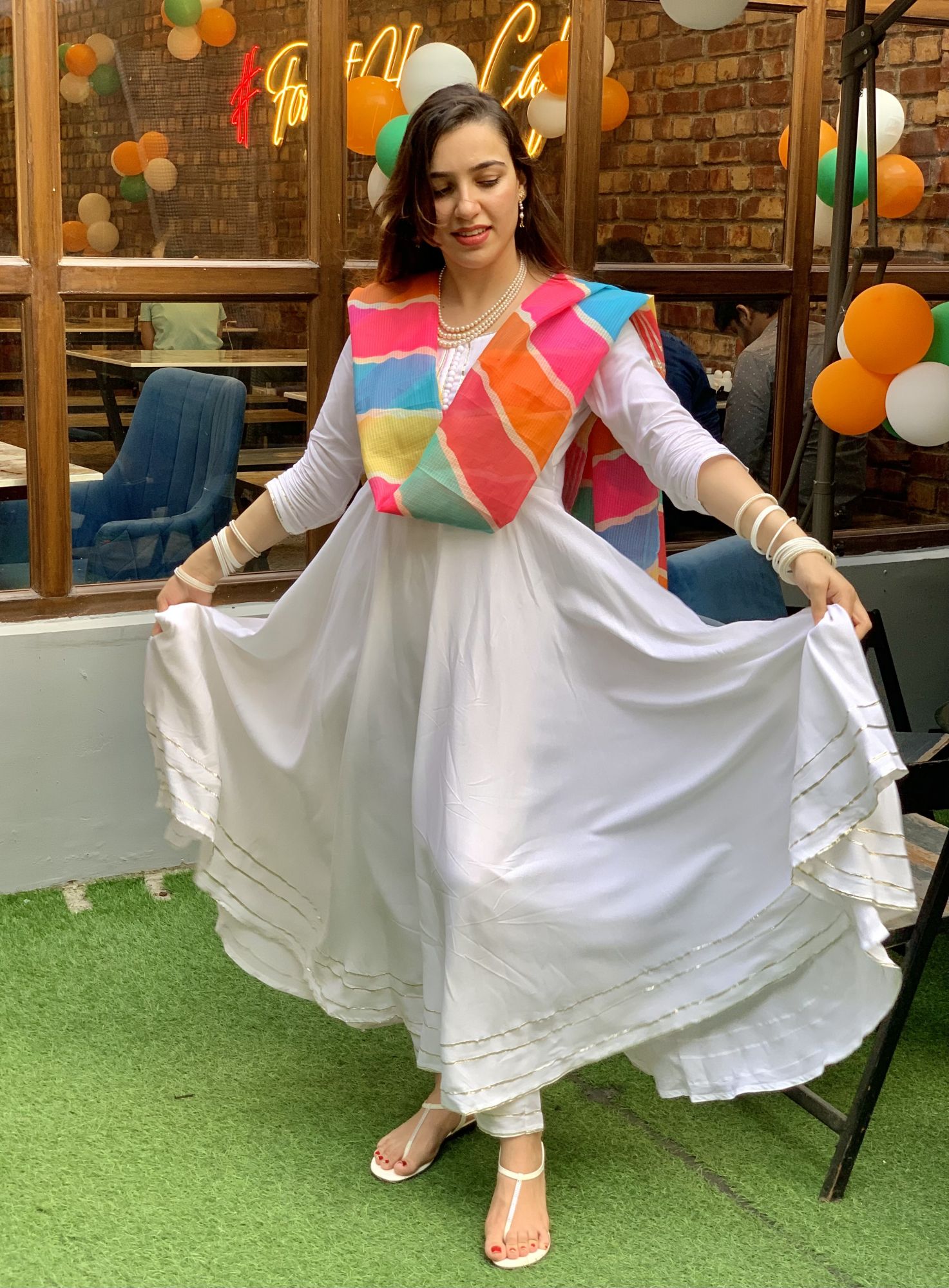 WHITE FLARED KOTA DORIYA SUIT SET