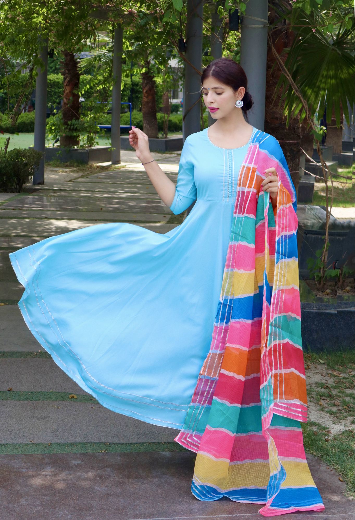 AQUA BLUE FLARED KOTA DORIYA SUIT SET