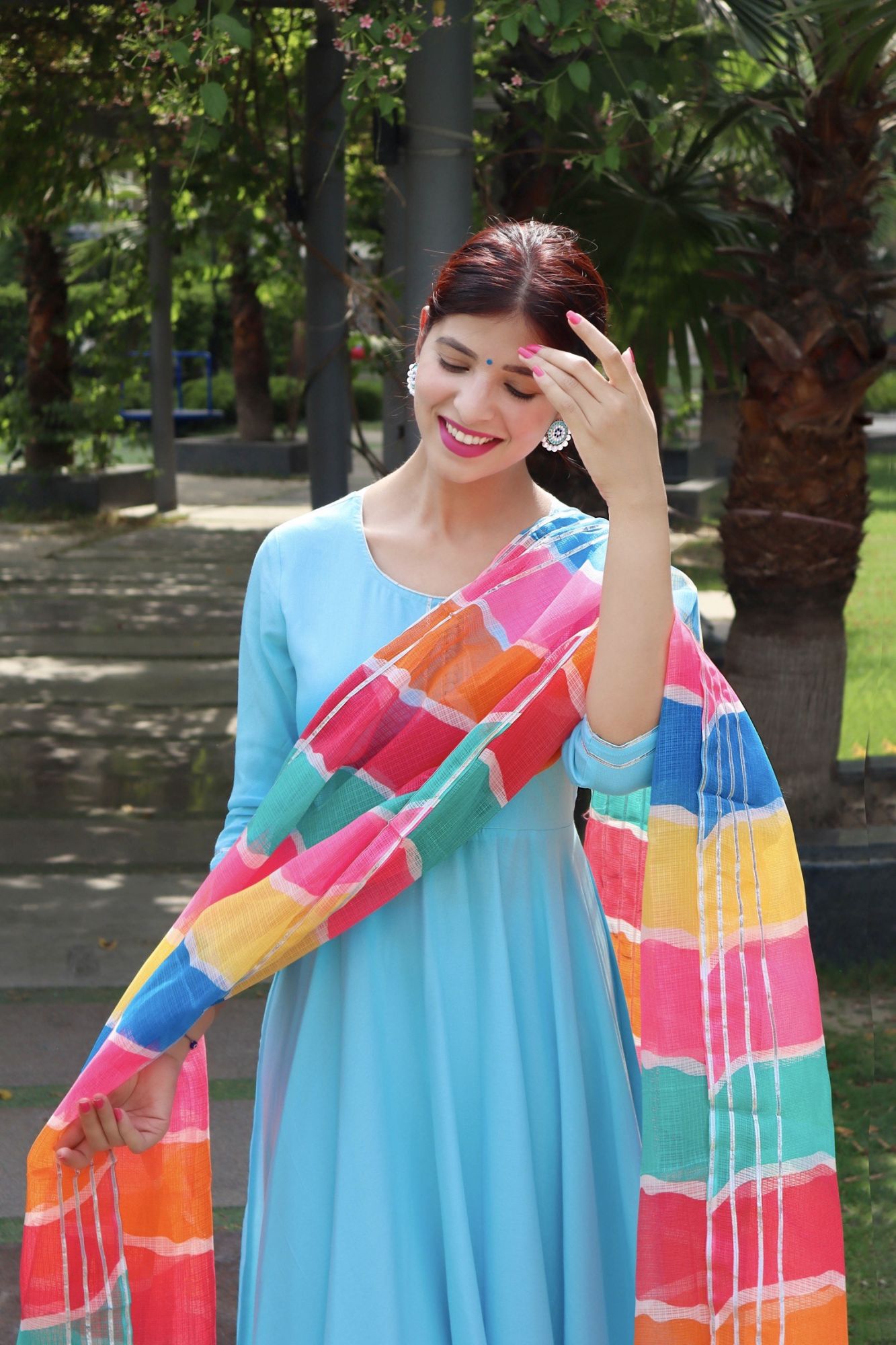 AQUA BLUE FLARED KOTA DORIYA SUIT SET