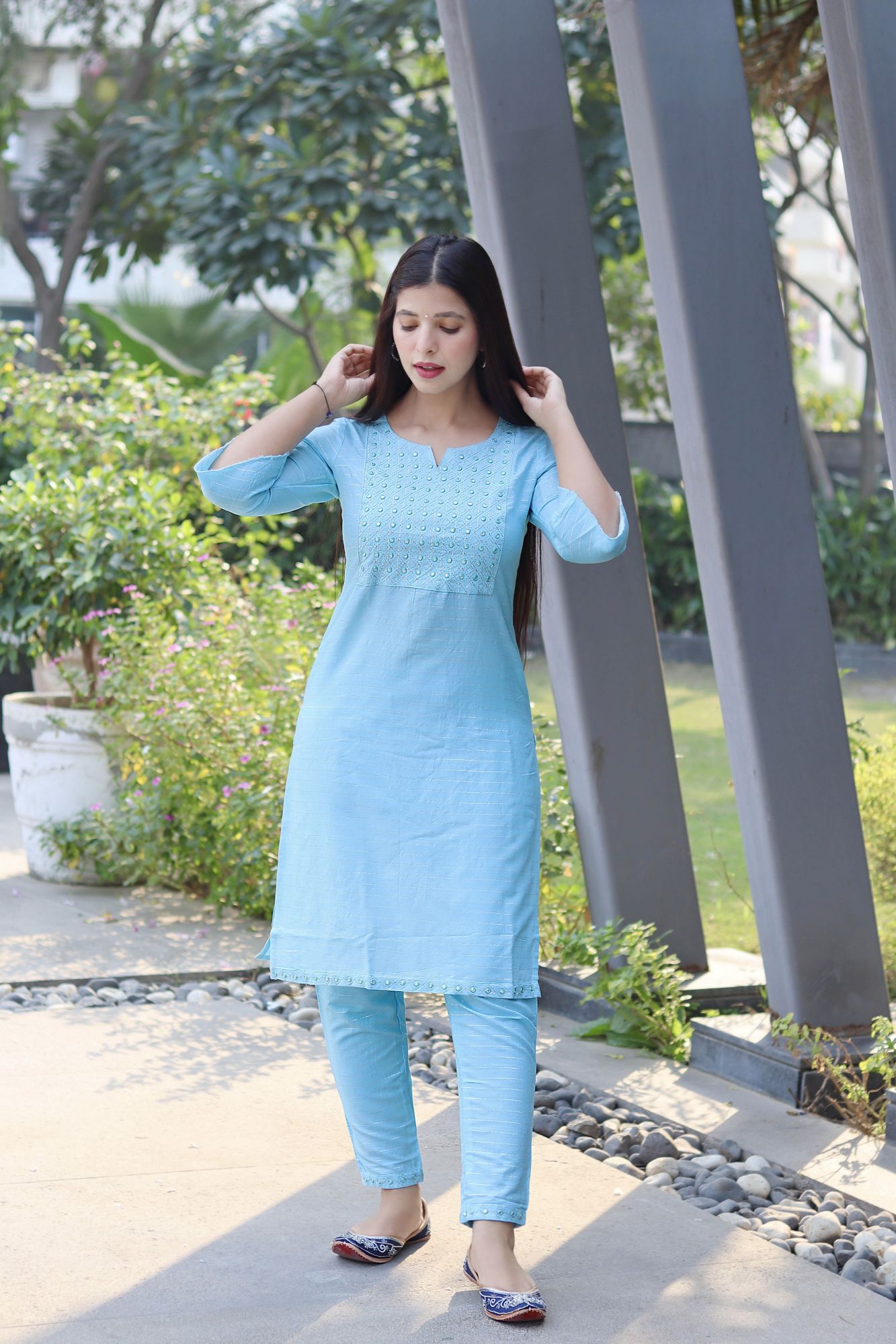 Aqua blue Zari embroidered kurta set