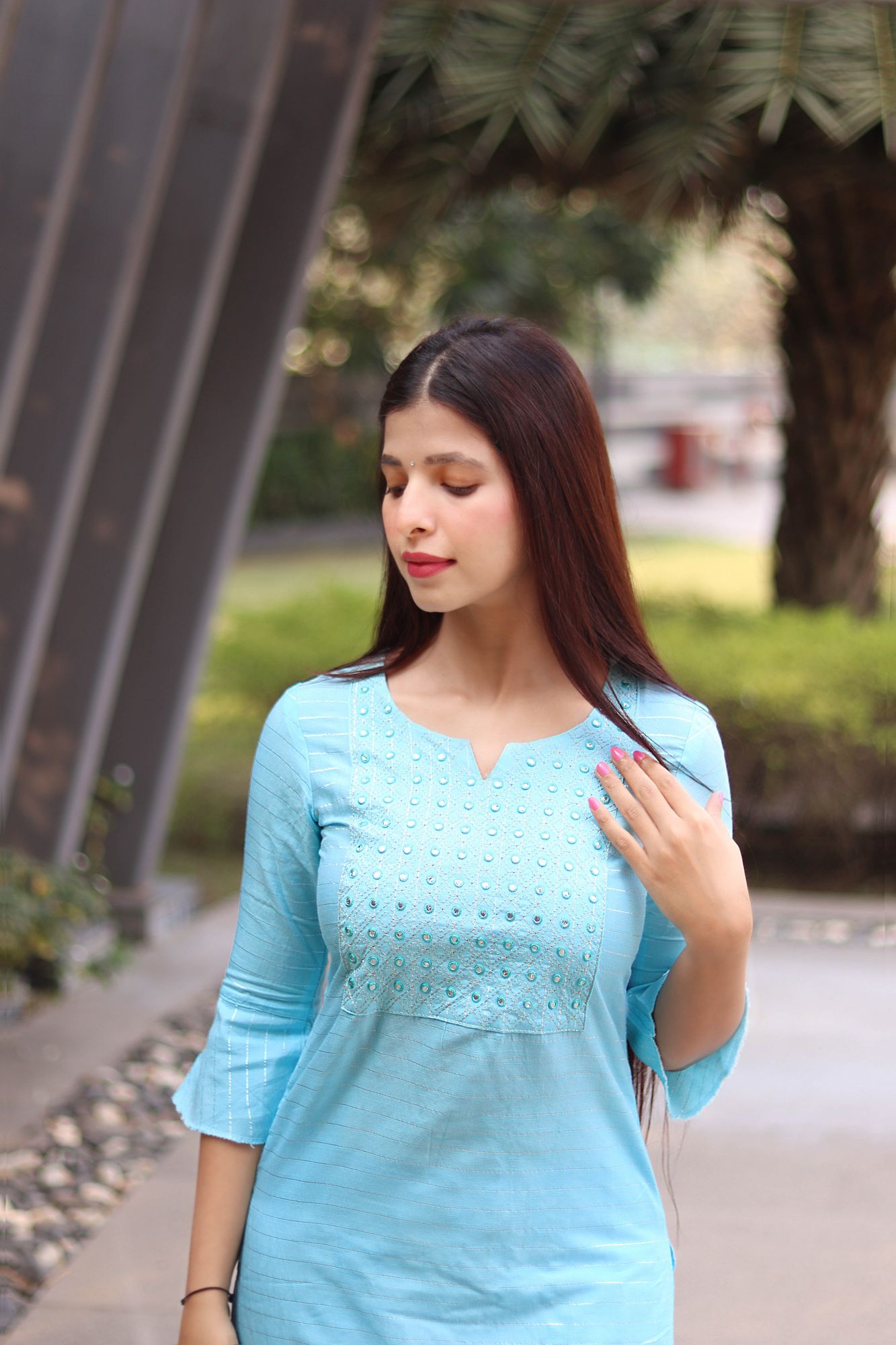 Aqua blue Zari embroidered kurta set