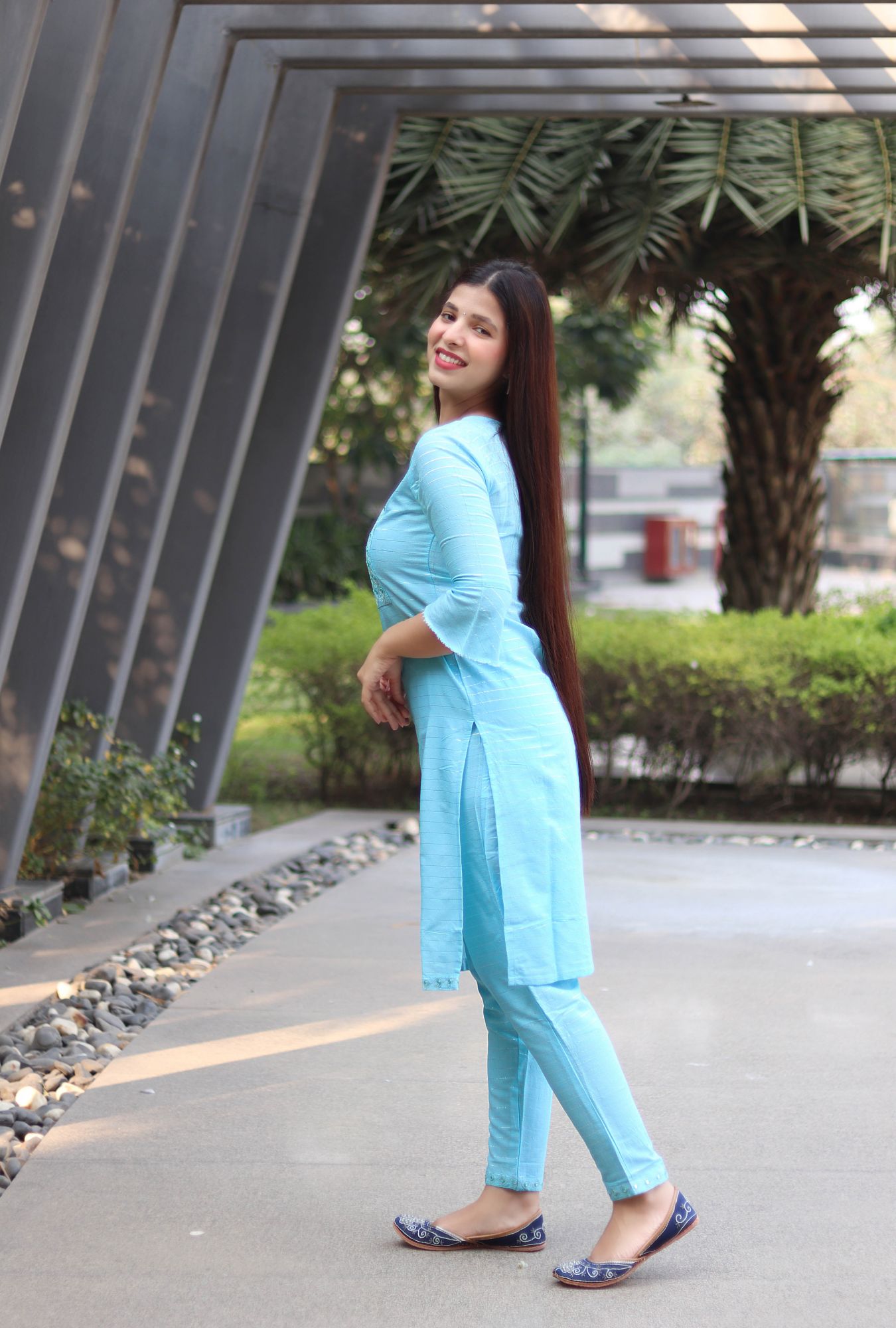 Aqua blue Zari embroidered kurta set