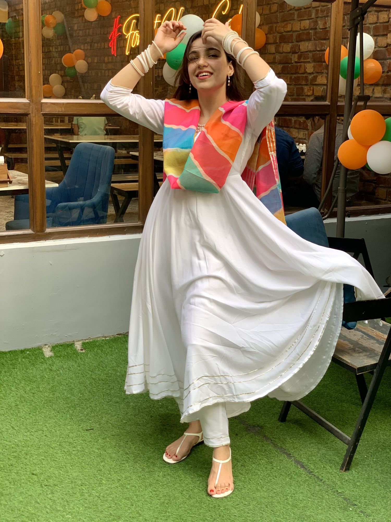 WHITE FLARED KOTA DORIYA SUIT SET