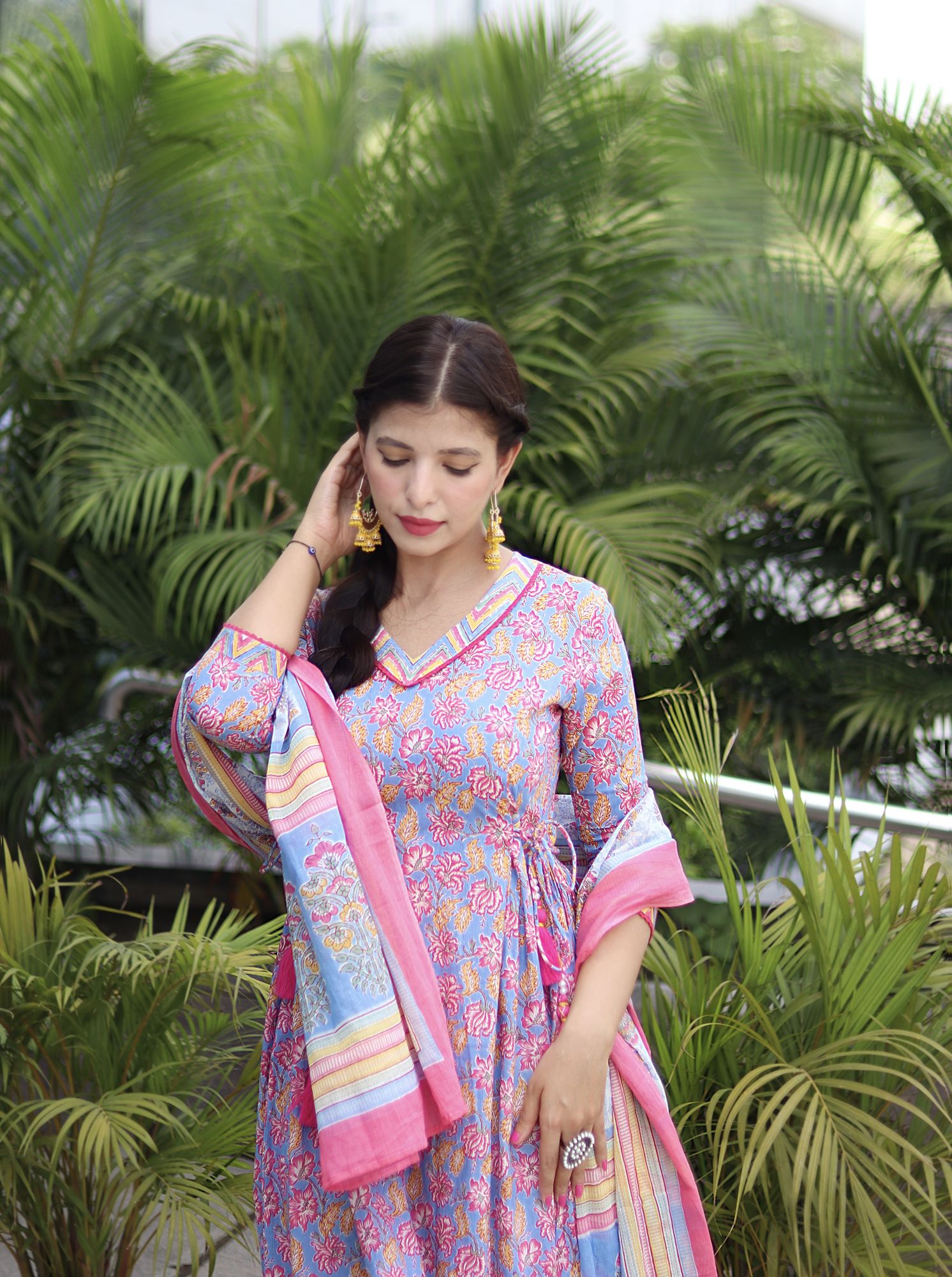 PINK COTTON ANARKALI SUIT SET