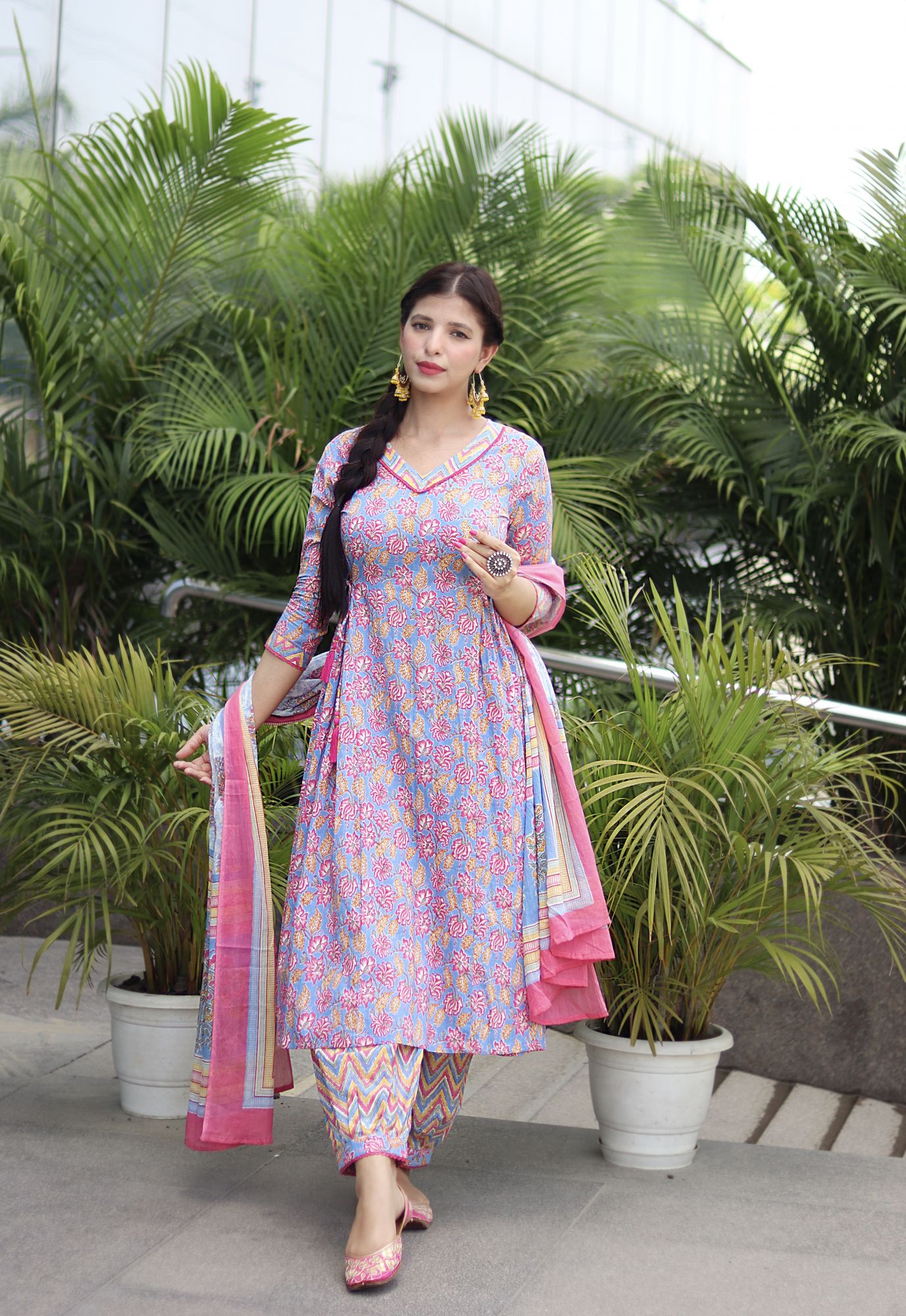 PINK COTTON ANARKALI SUIT SET