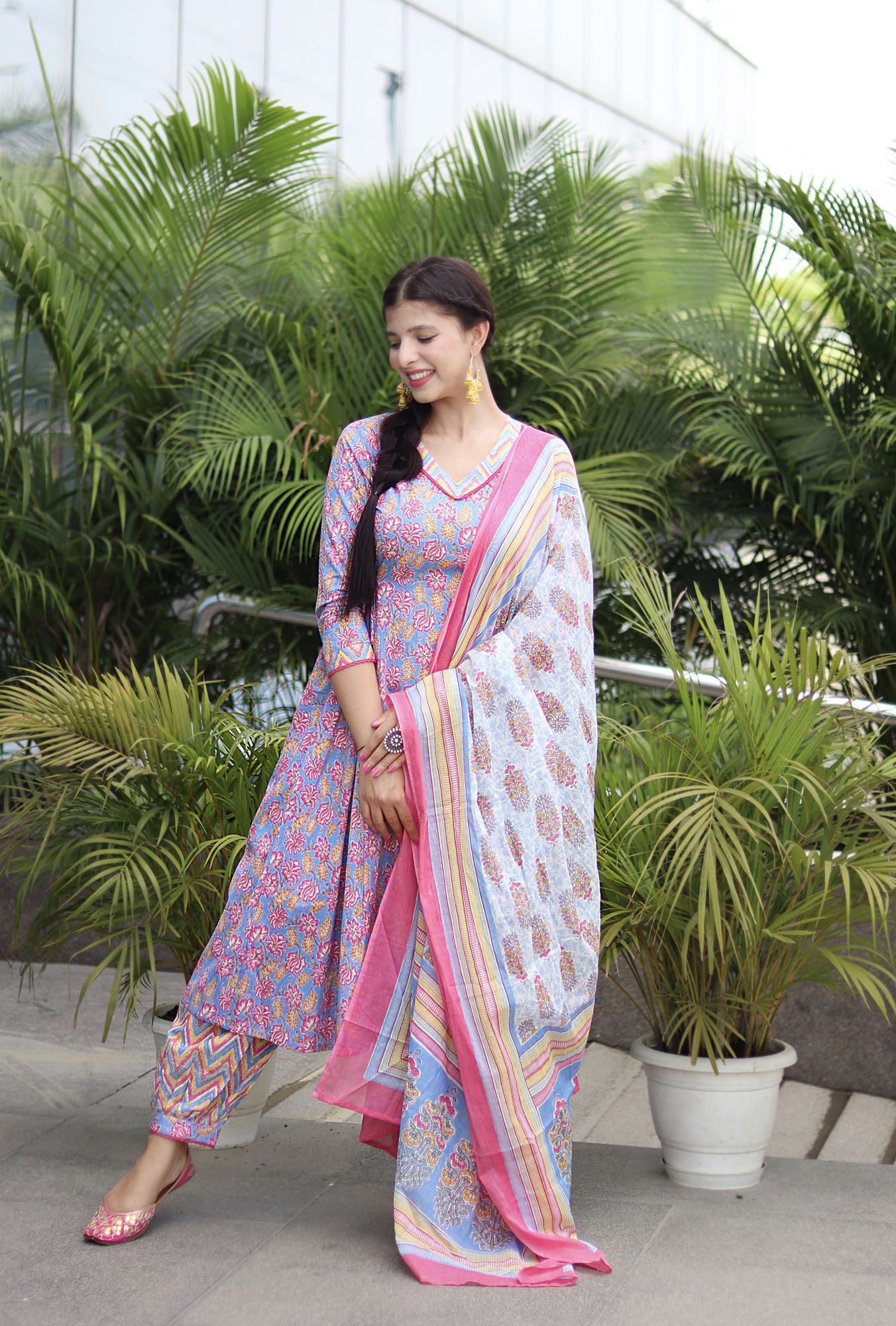 PINK COTTON ANARKALI SUIT SET