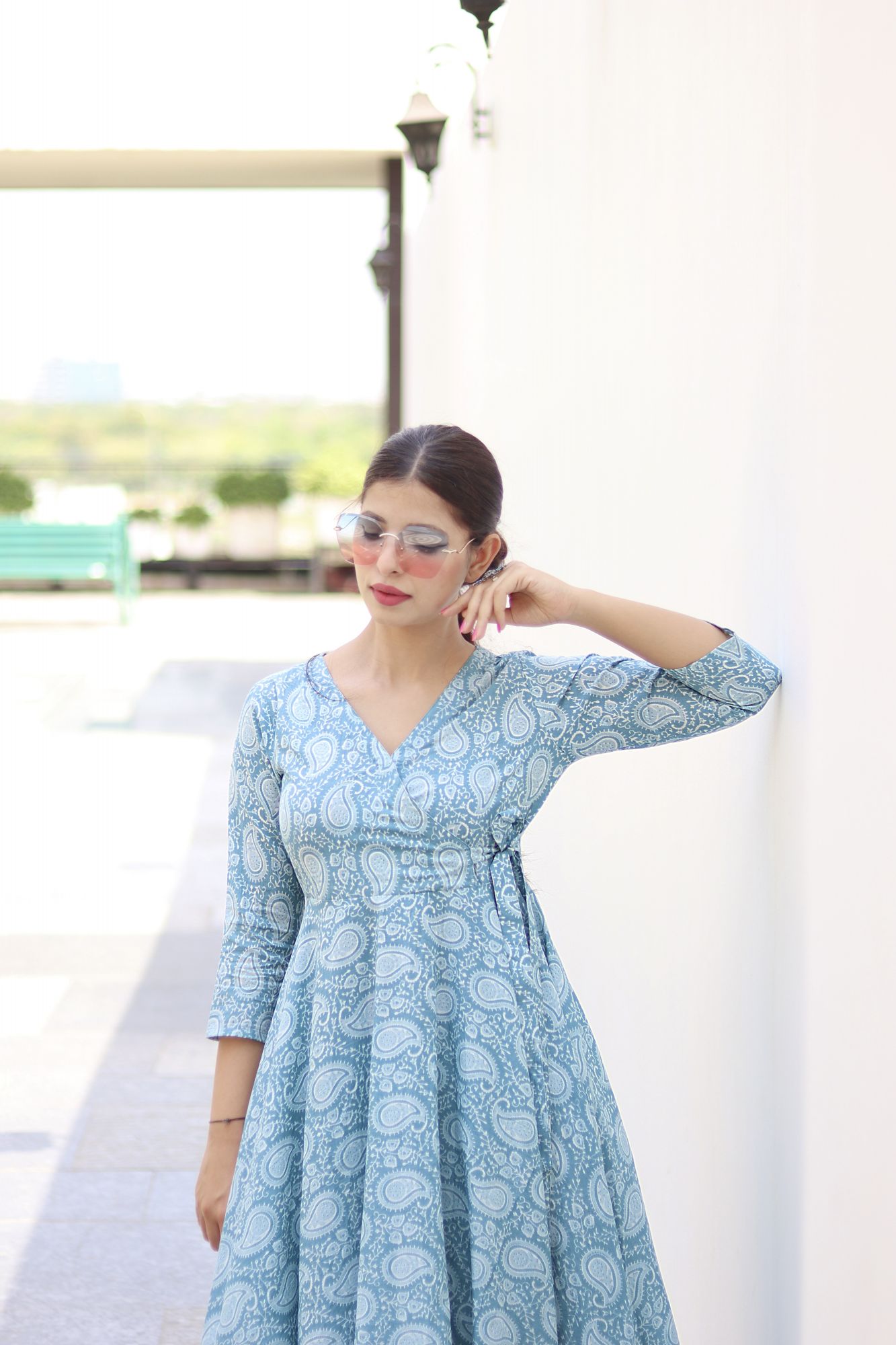 BLUE PAISLEY PRINTED ANGRAKHA SET