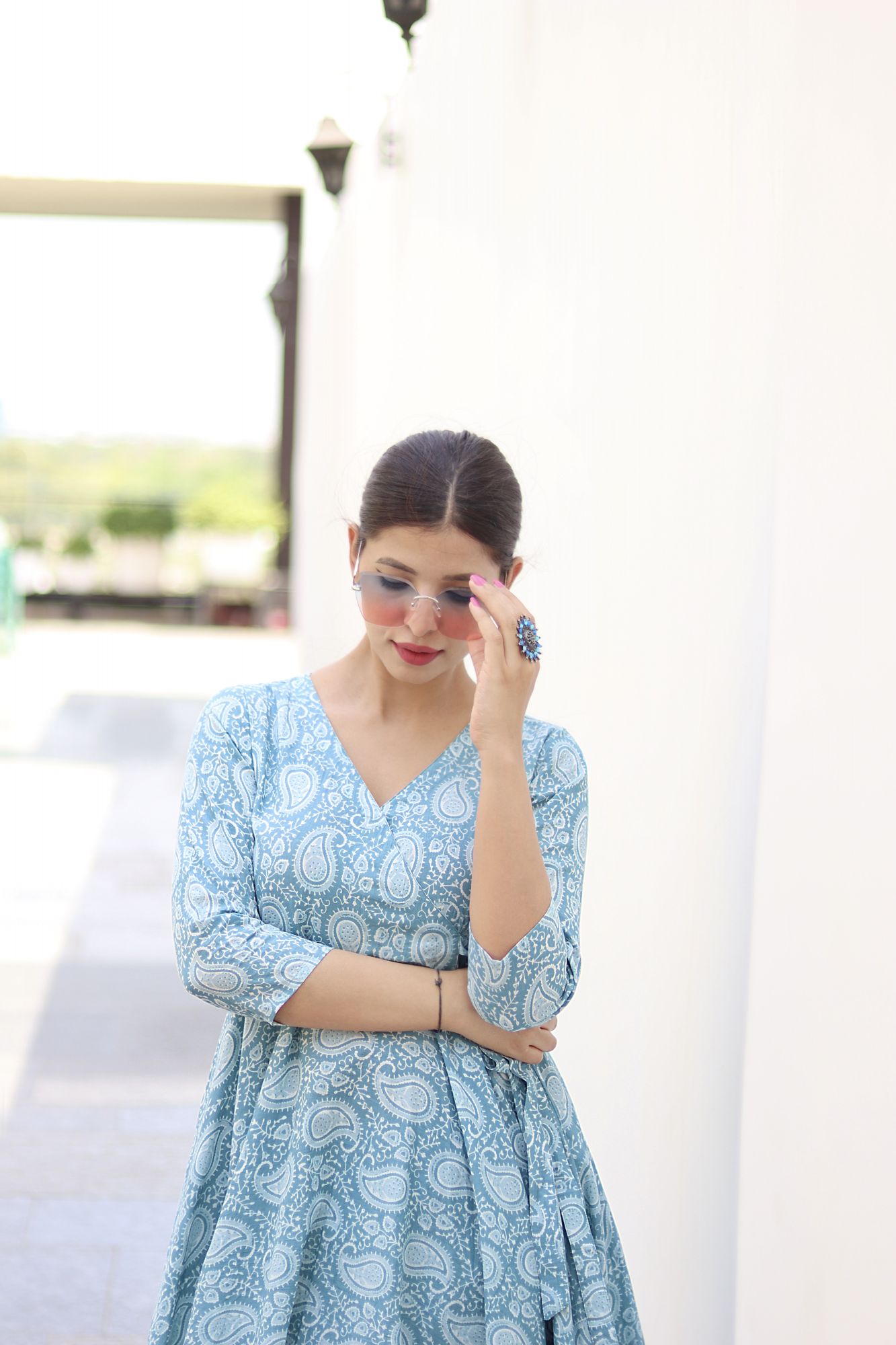 BLUE PAISLEY PRINTED ANGRAKHA SET