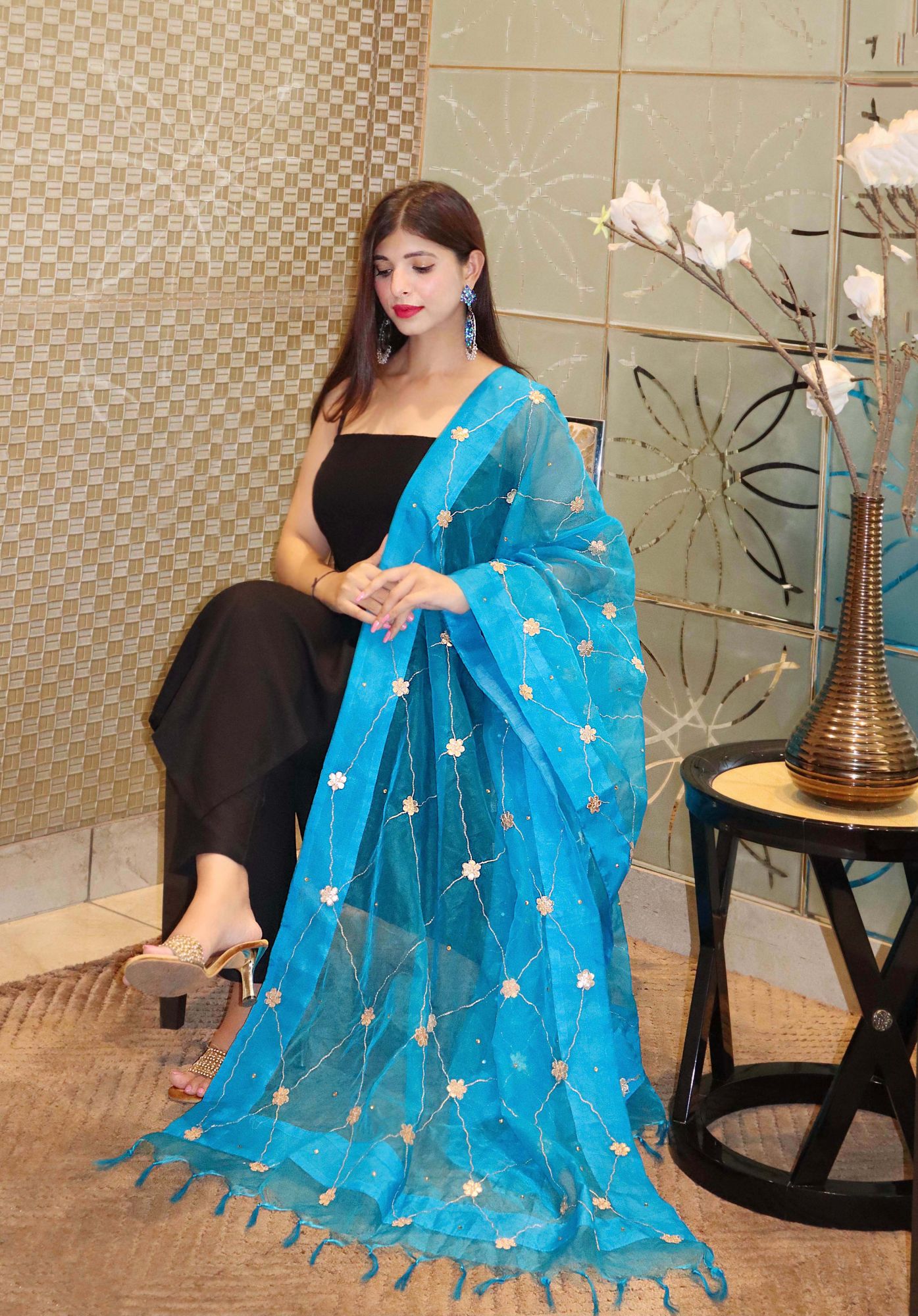 BLACK HANDWORKED ORGANZA KURTA SET