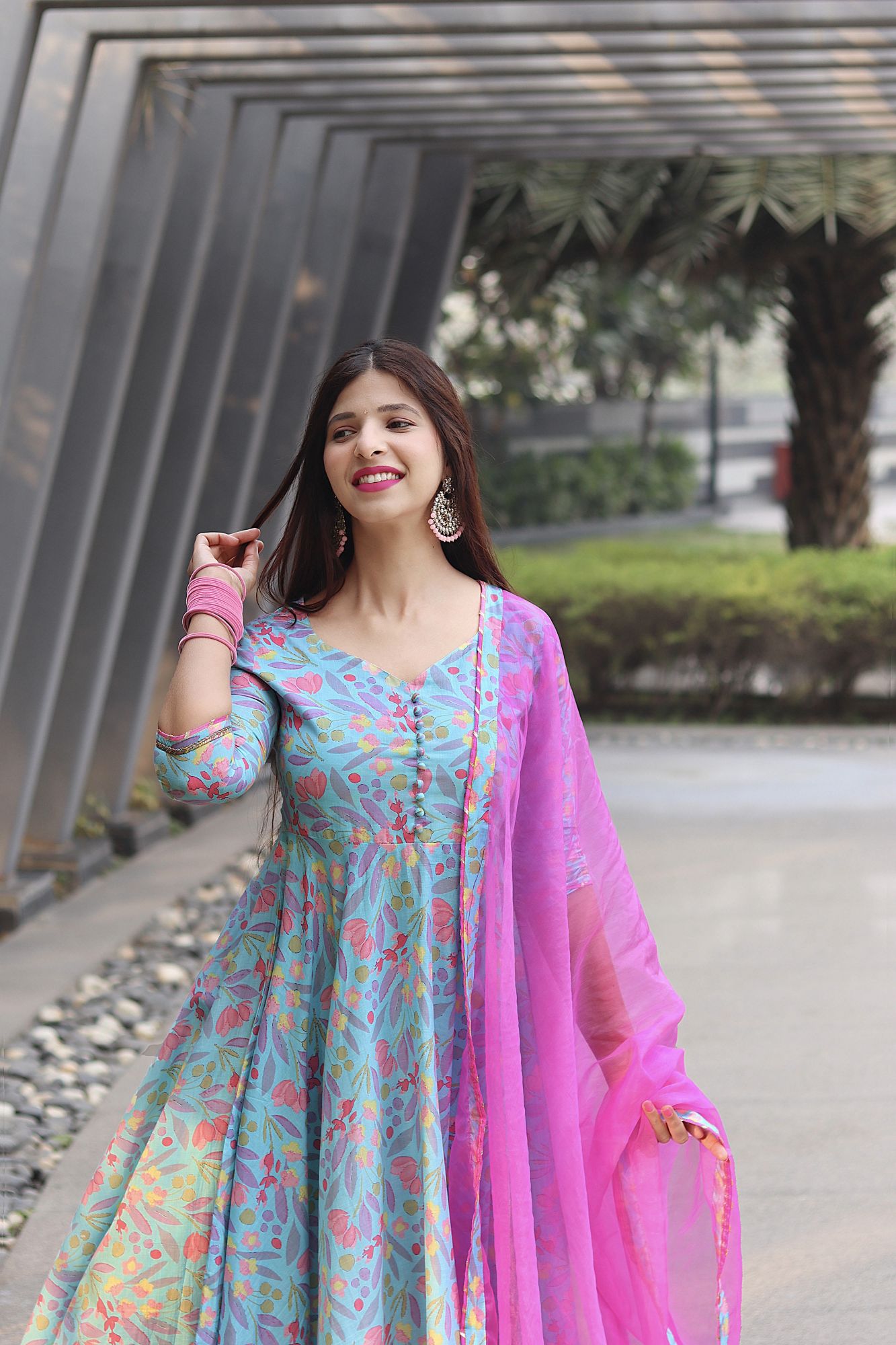 AQUA BLUE COTTON FLORAL SUIT SET