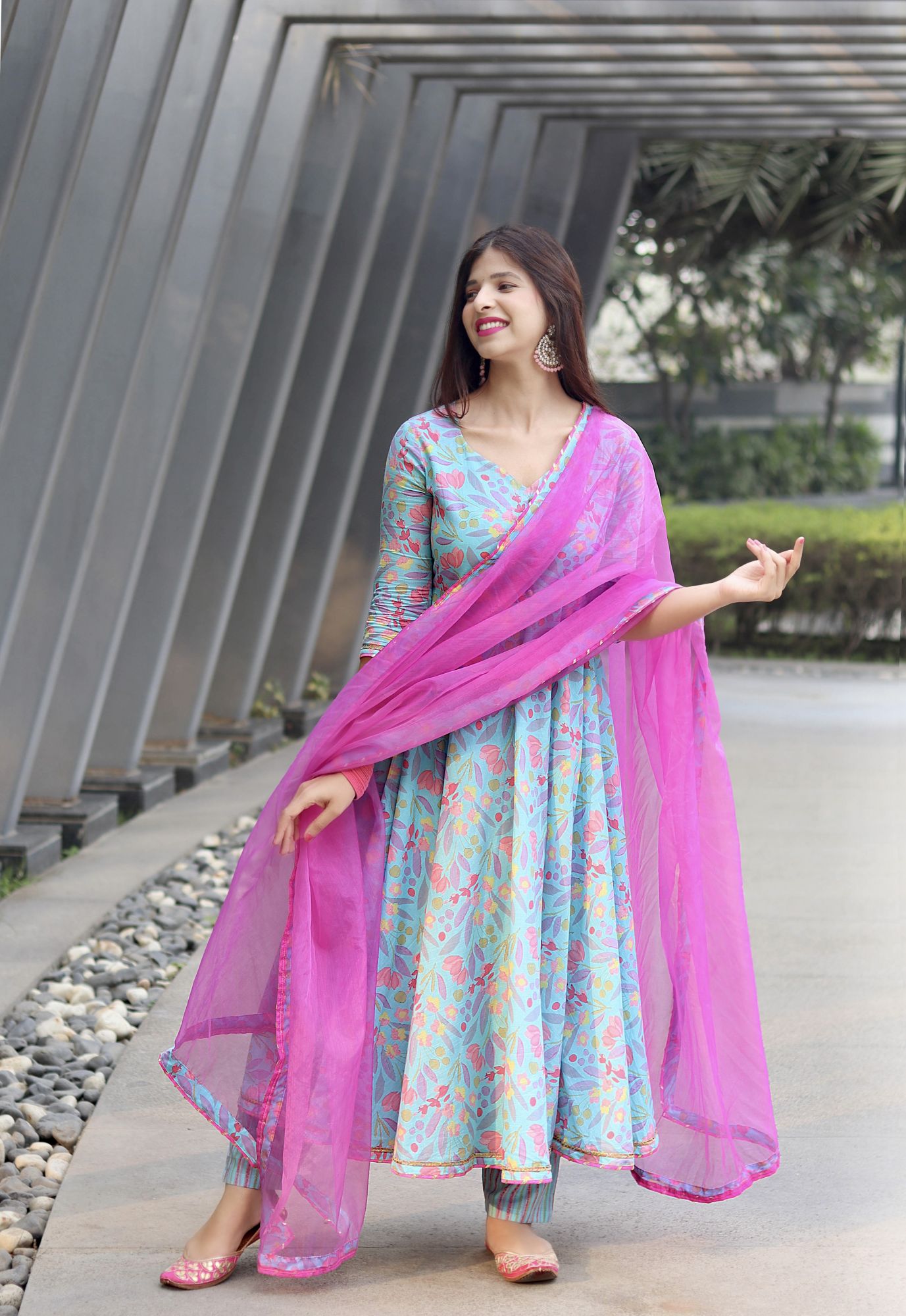 AQUA BLUE COTTON FLORAL SUIT SET