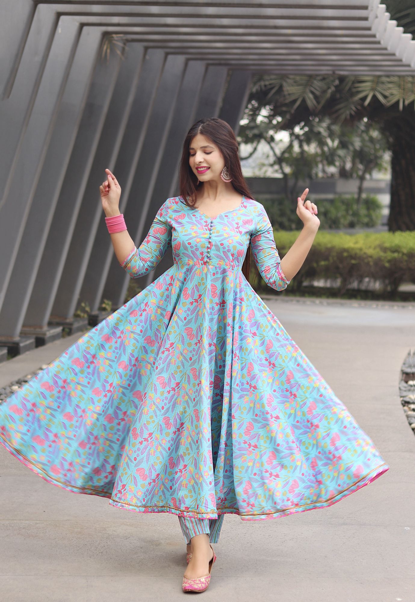 AQUA BLUE COTTON FLORAL SUIT SET