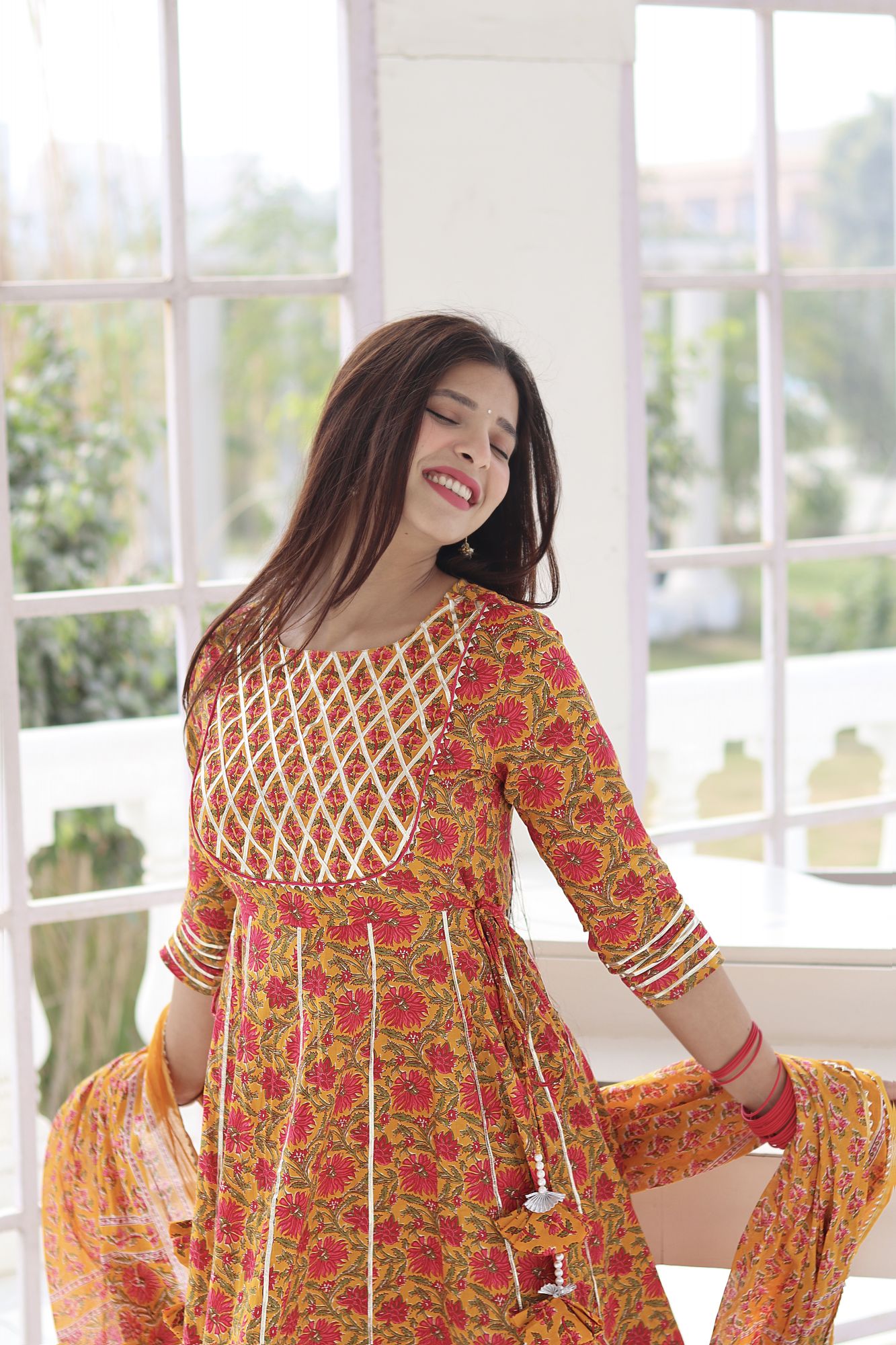 YELLOW HANDBLOCK COTTON SHARARA SET