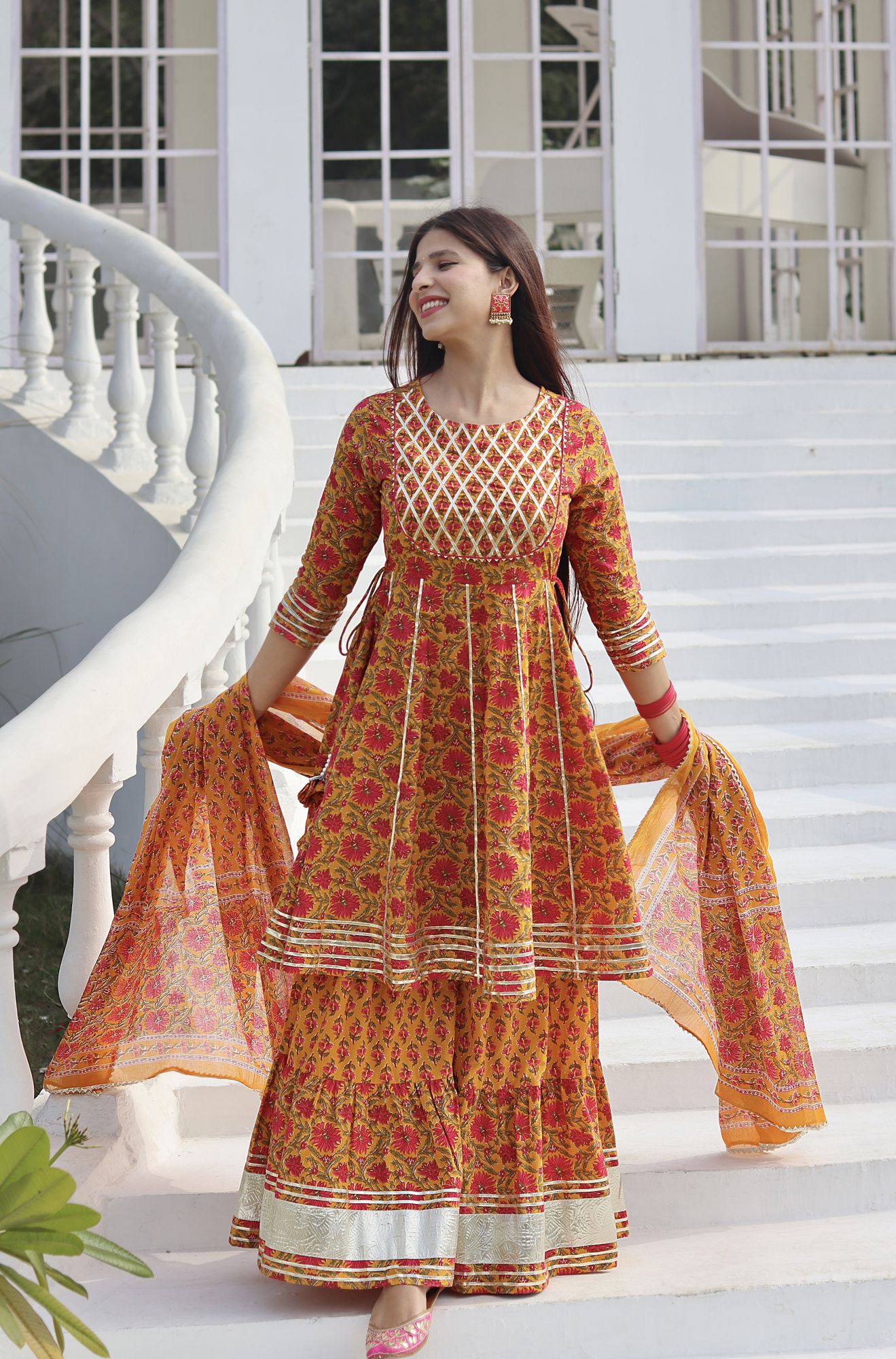 YELLOW HANDBLOCK COTTON SHARARA SET