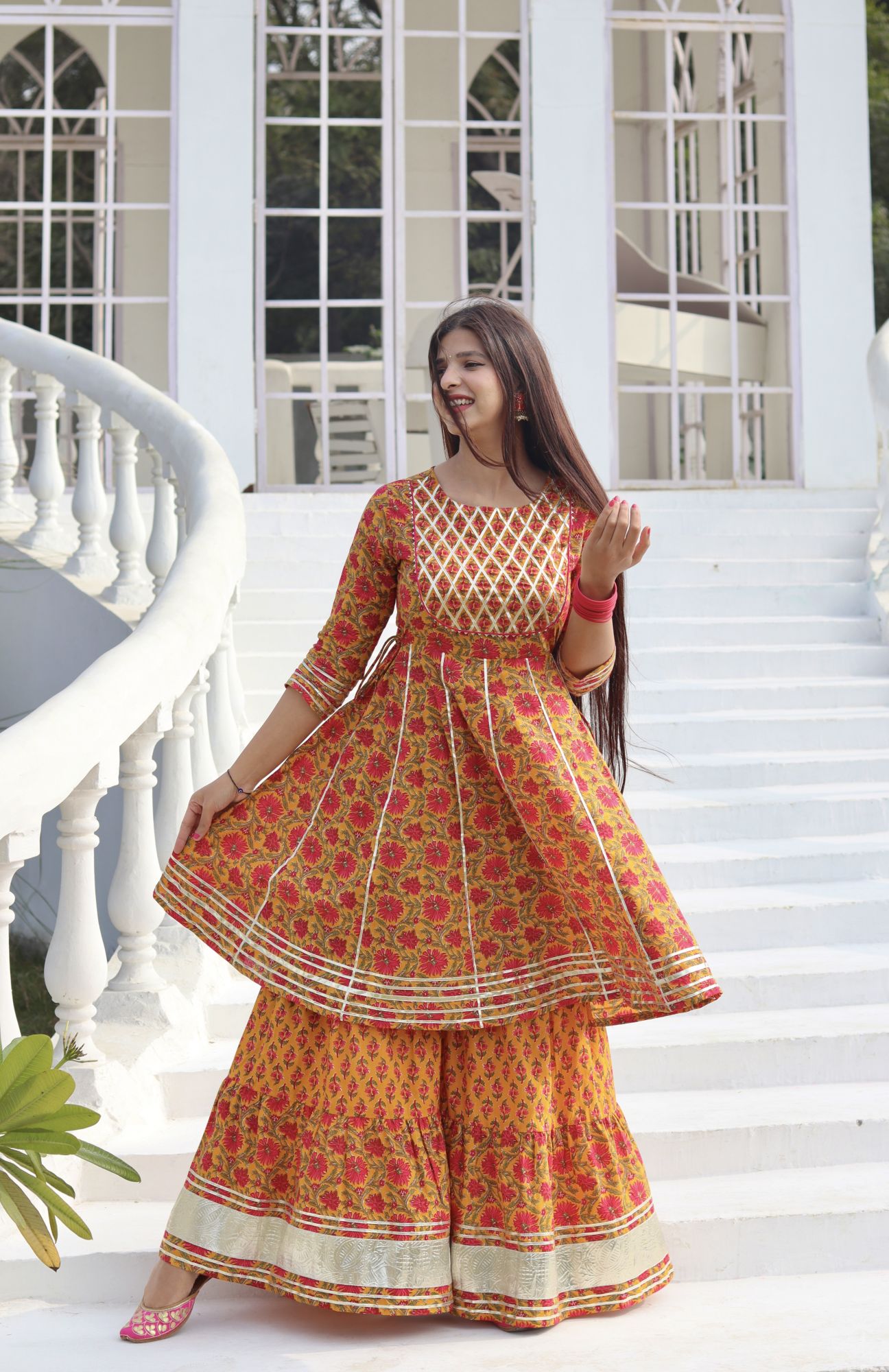 YELLOW HANDBLOCK COTTON SHARARA SET