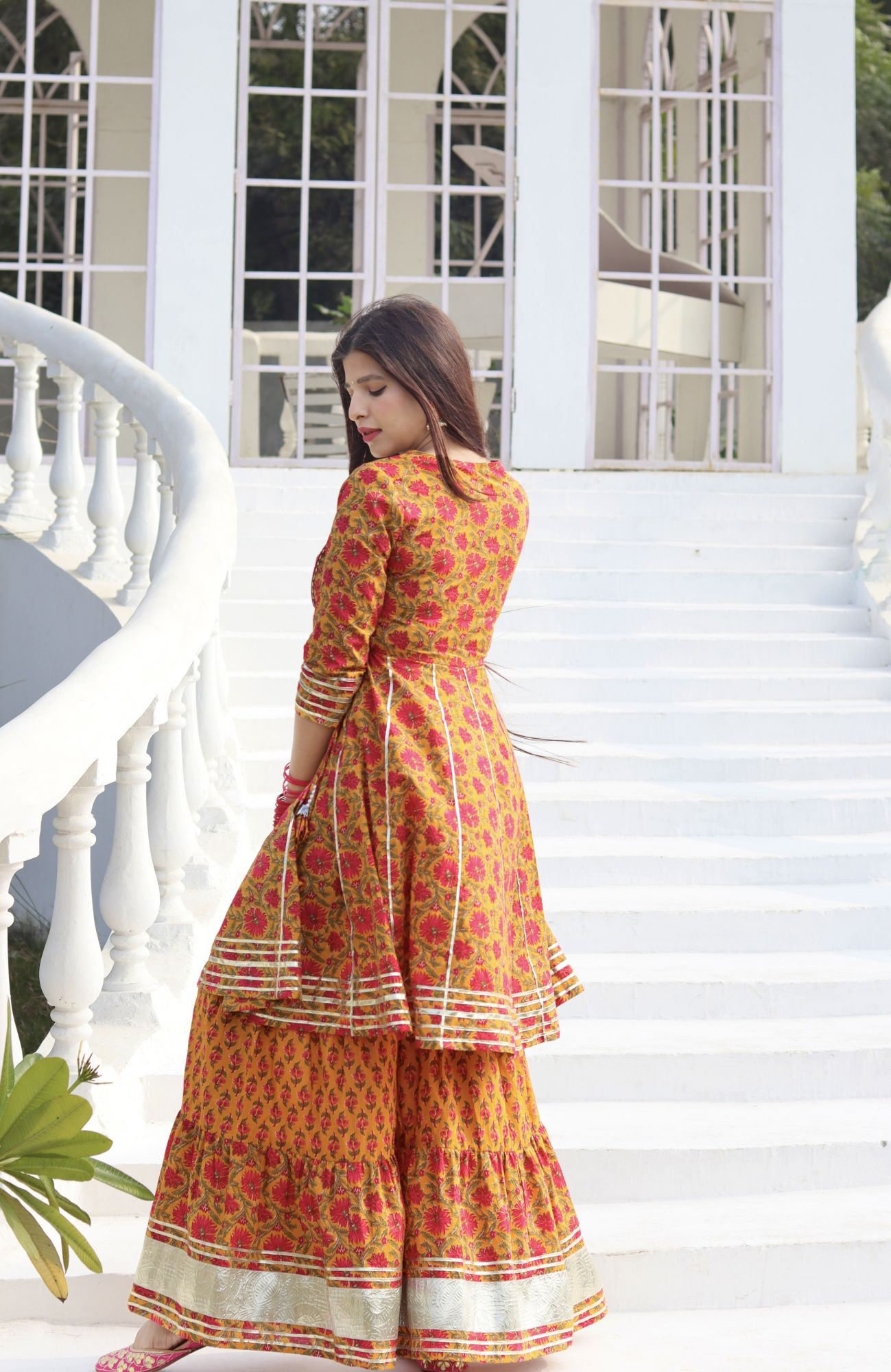 YELLOW HANDBLOCK COTTON SHARARA SET