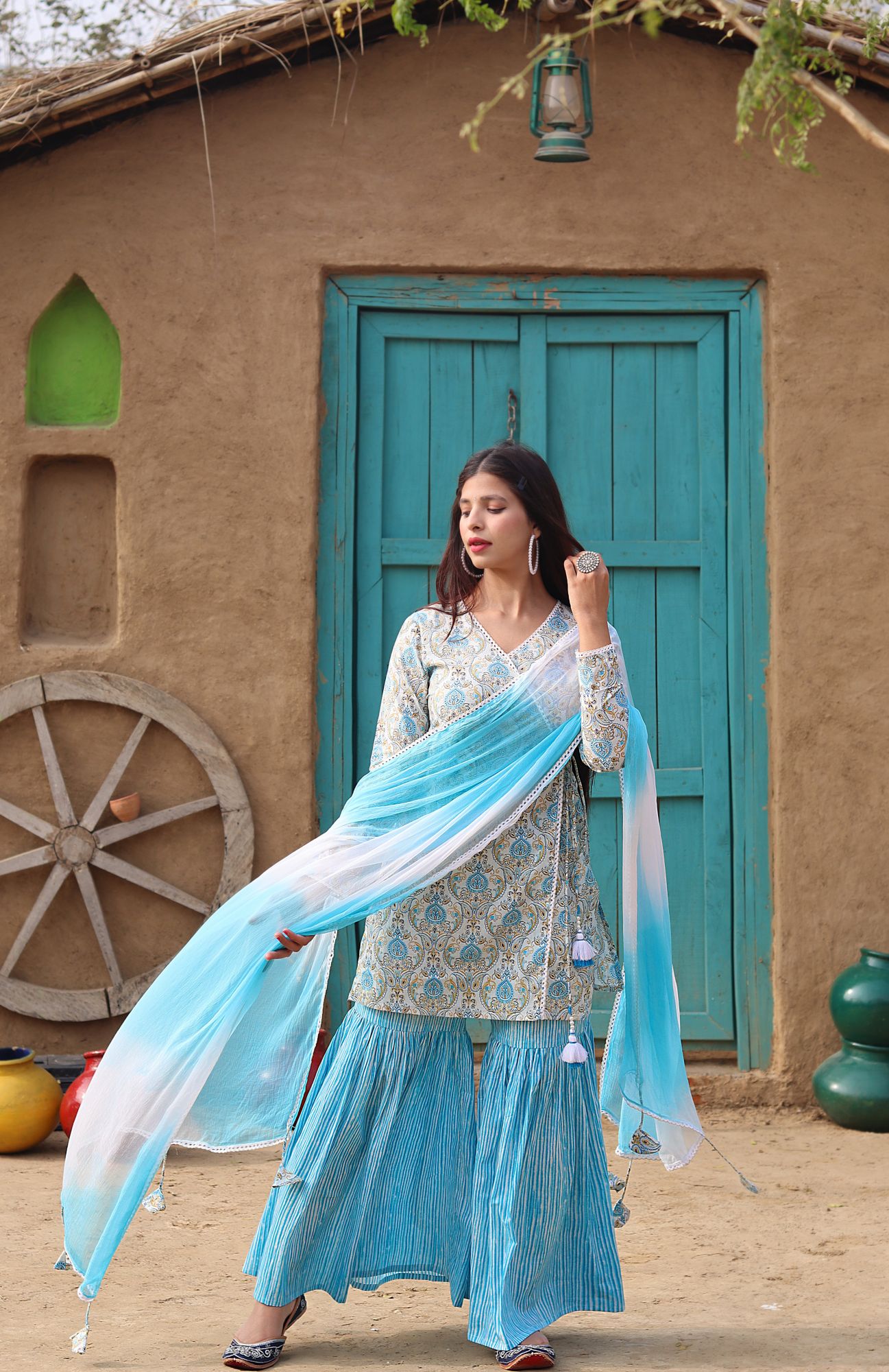 POWDER BLUE ANGRAKHA-SHARARA SET