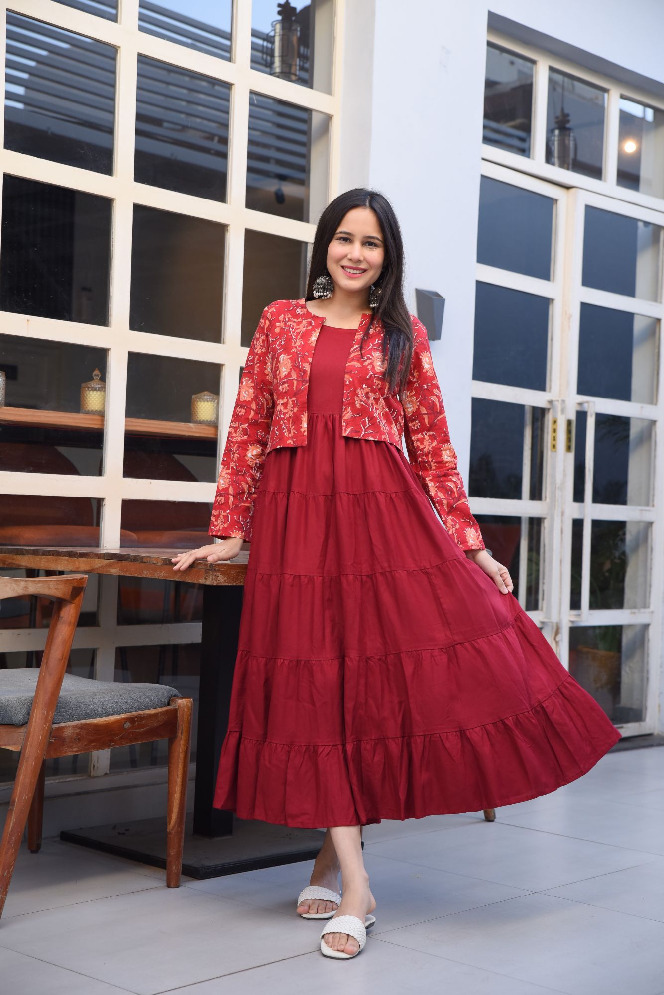 MAROON COTTON JACKET-KURTA DRESS