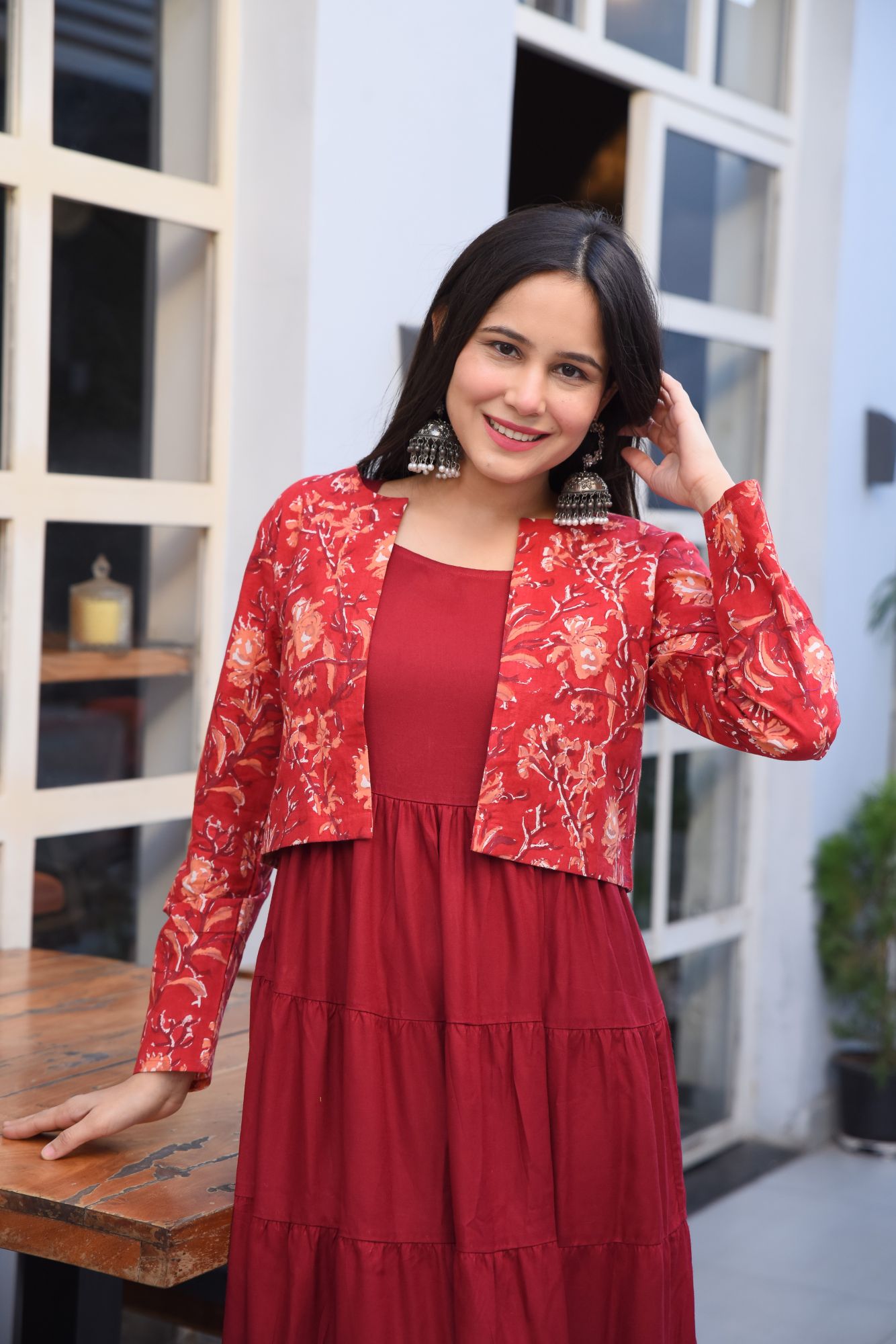 MAROON COTTON JACKET-KURTA DRESS