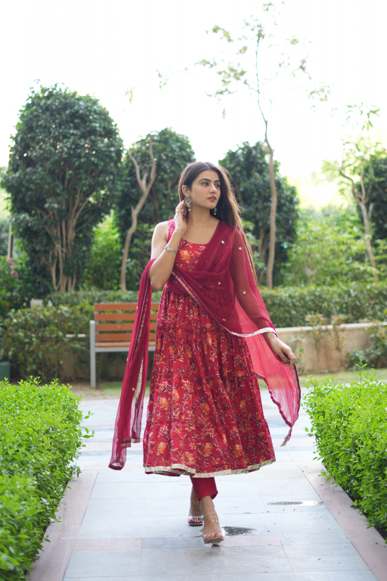 RED BLOSSOM COTTON ANARKALI SUIT SET