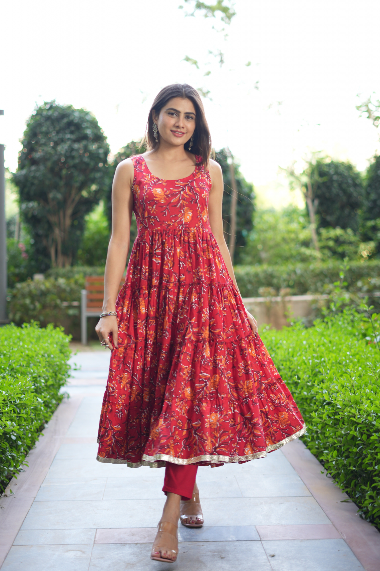 RED BLOSSOM COTTON ANARKALI SUIT SET