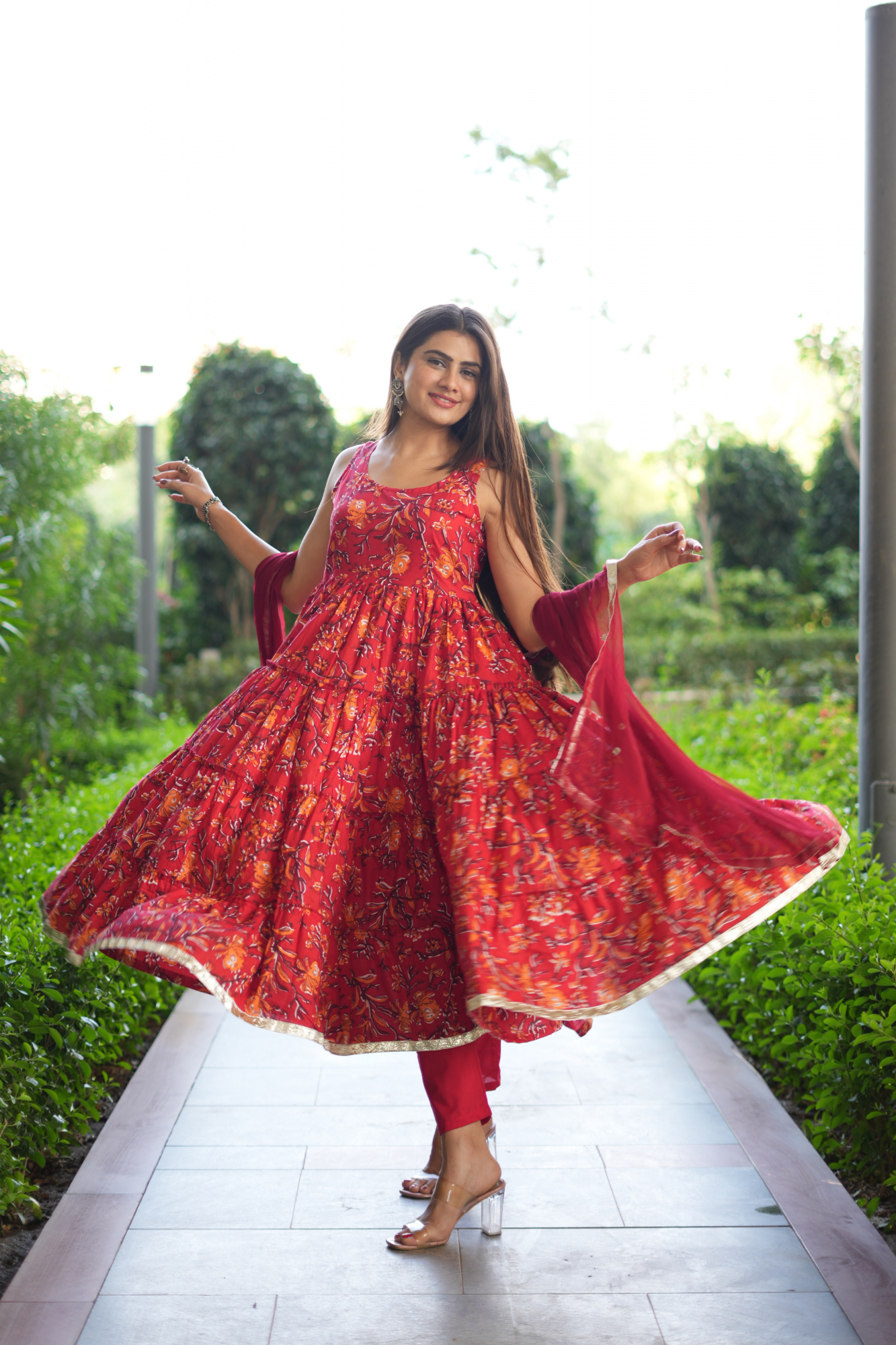 RED BLOSSOM COTTON ANARKALI SUIT SET