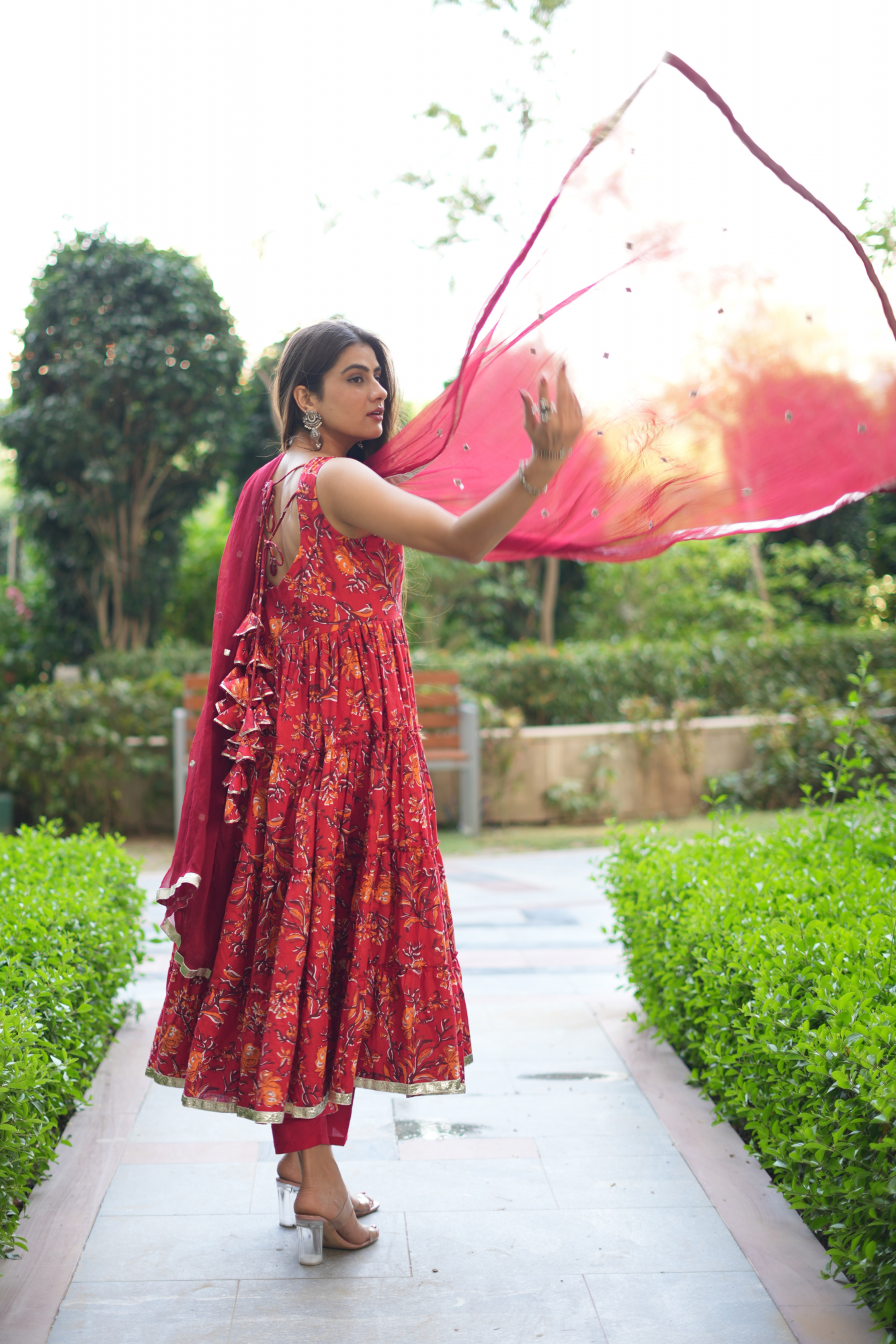 RED BLOSSOM COTTON ANARKALI SUIT SET