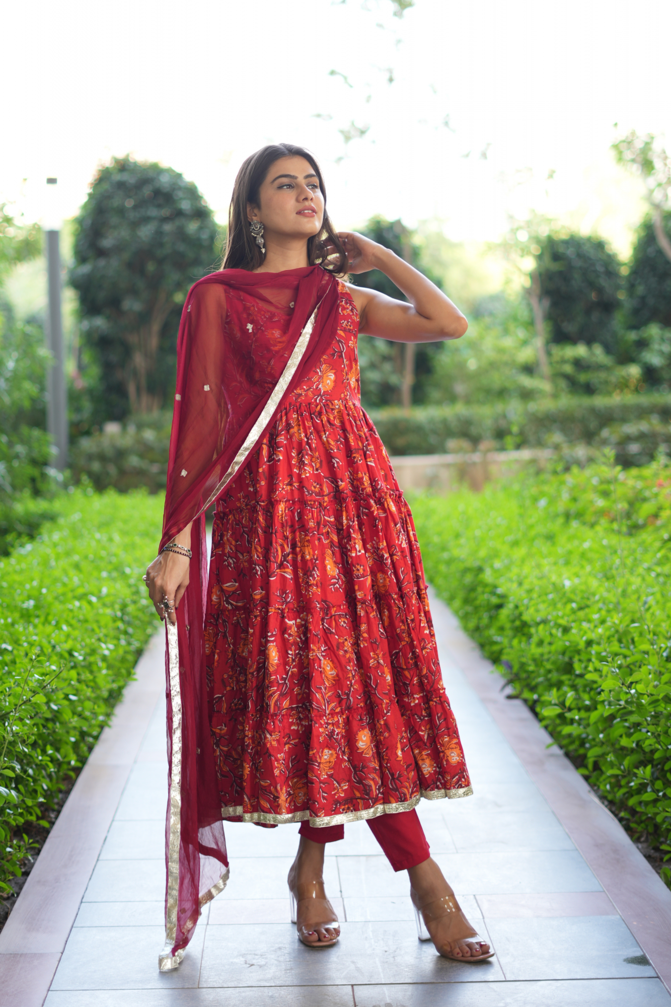 RED BLOSSOM COTTON ANARKALI SUIT SET