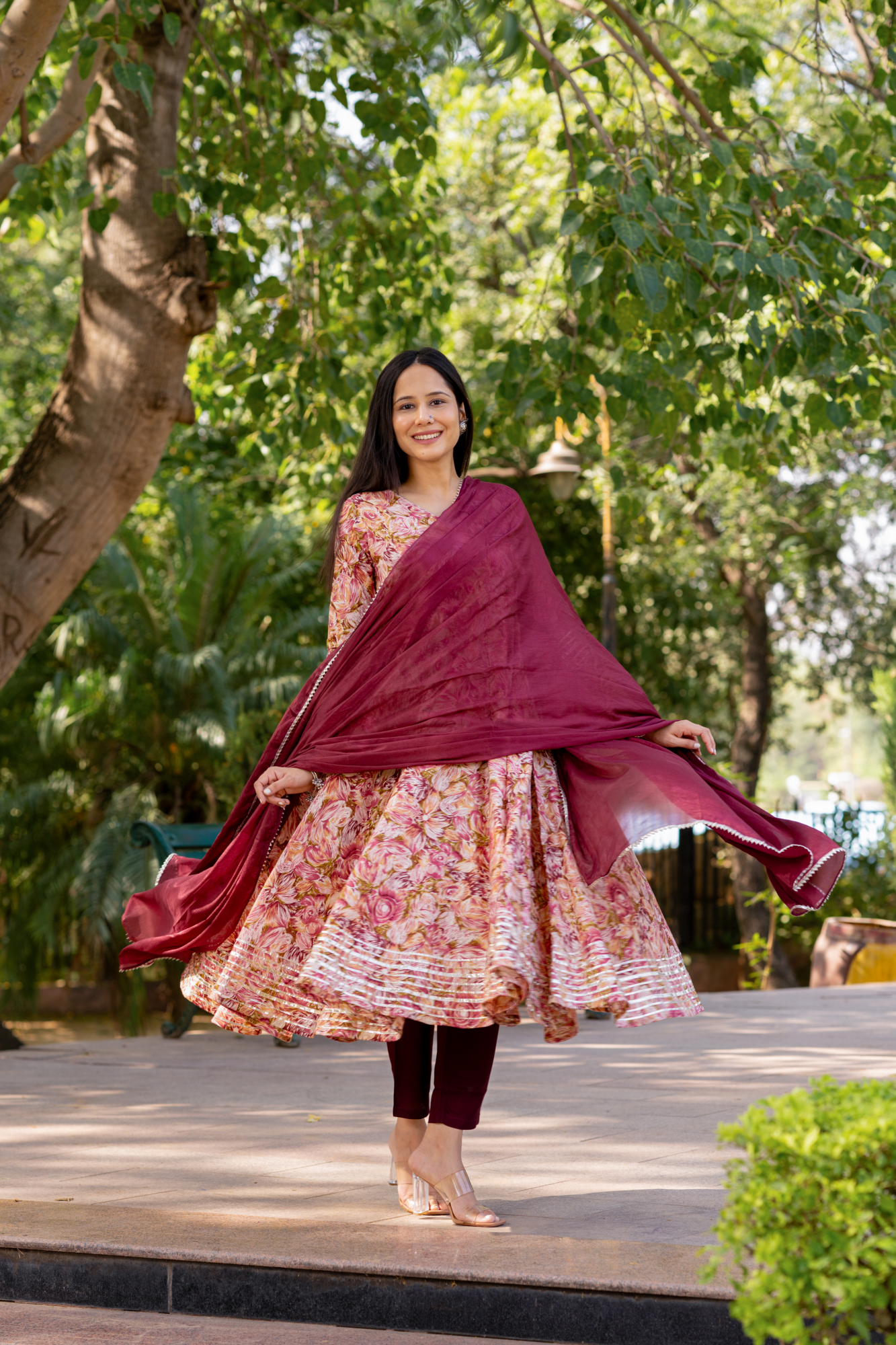 GOTA-ADORNED WINE ANARKALI SUIT SET