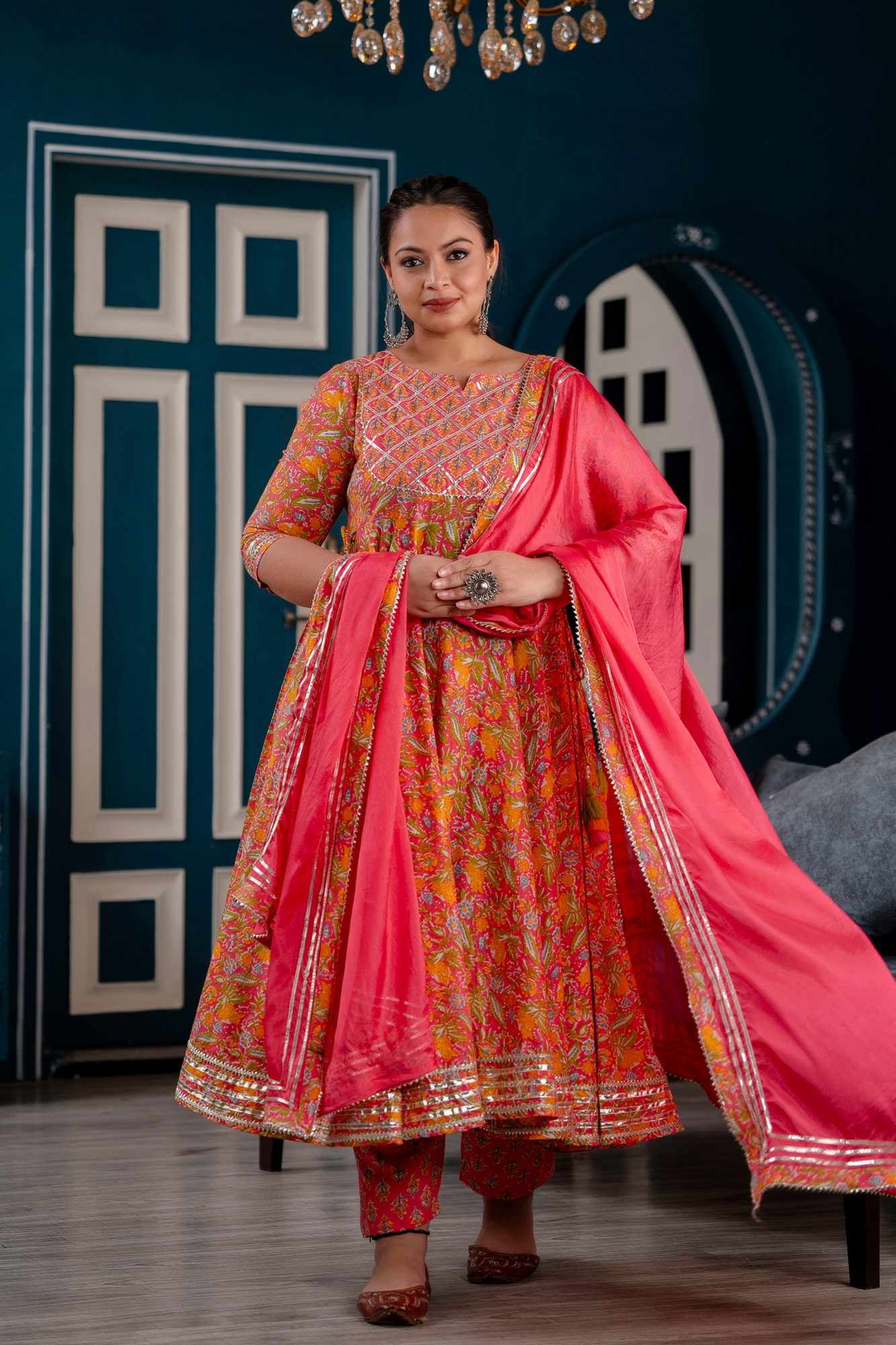 PINK FLORAL HANDWORKED SUIT SET