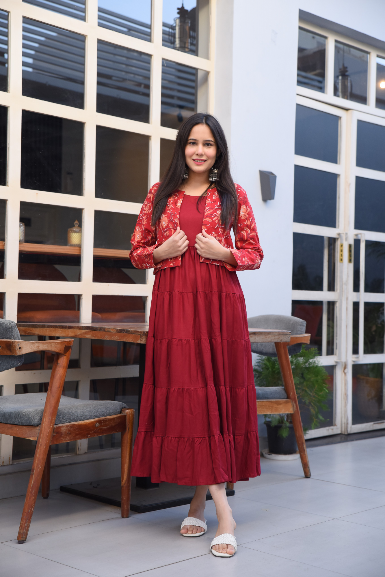 MAROON COTTON JACKET-KURTA DRESS