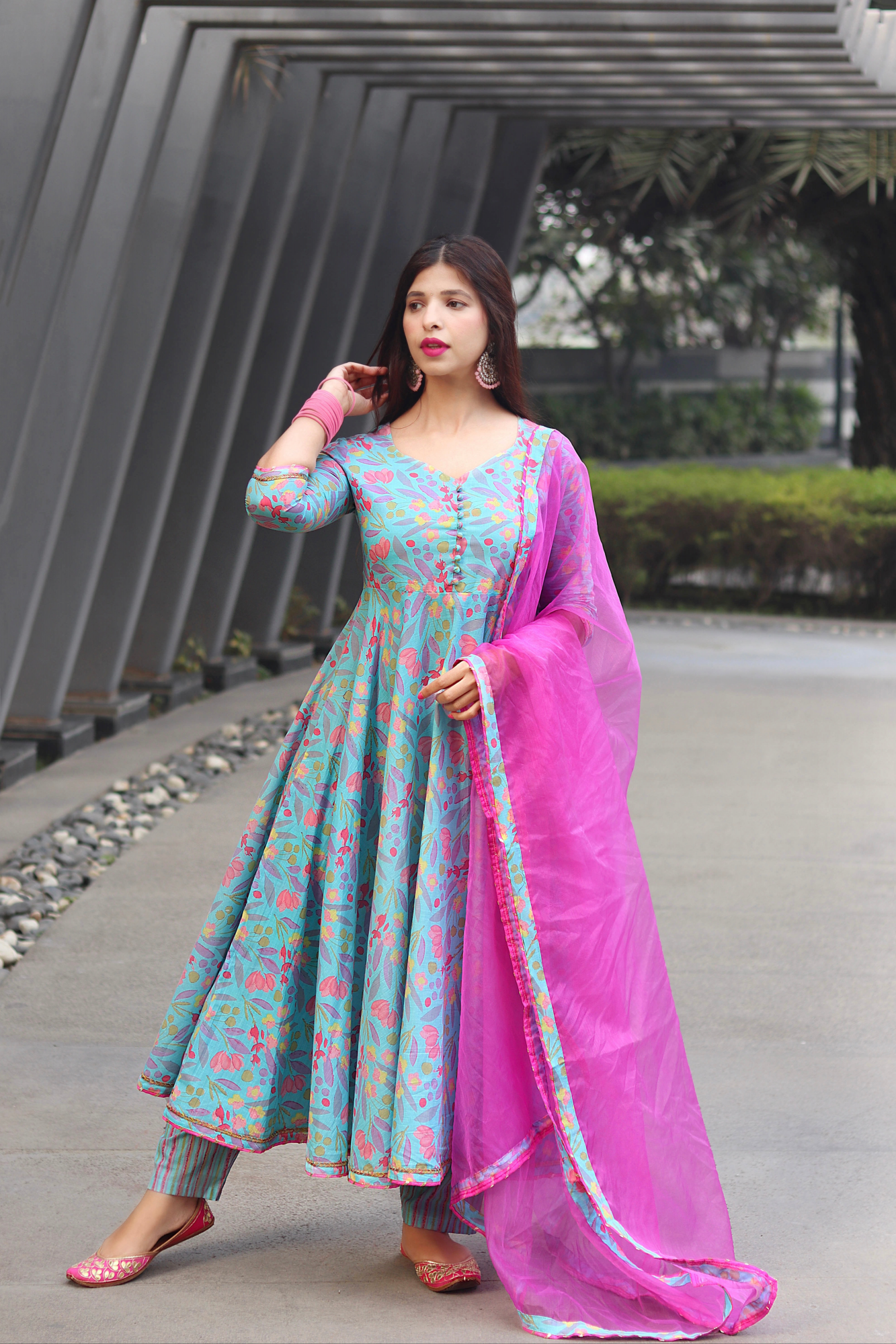 AQUA BLUE COTTON FLORAL SUIT SET