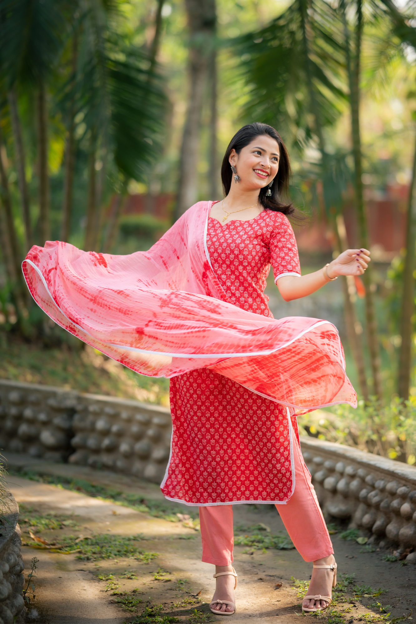 RED COTTON KANTHA KURTA SET