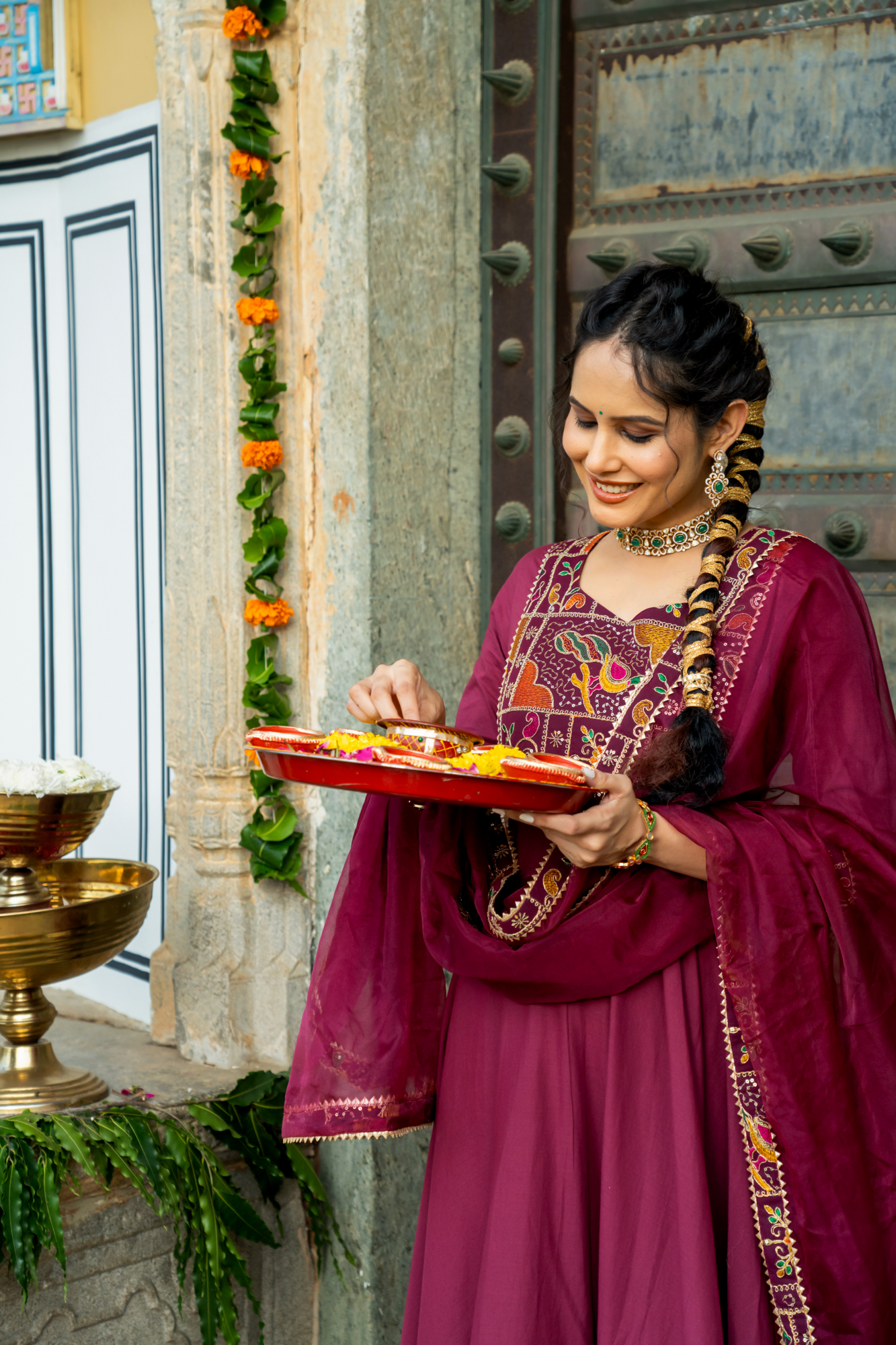 LUXE WINE EMBROIDERED ANARKALI SUIT SET