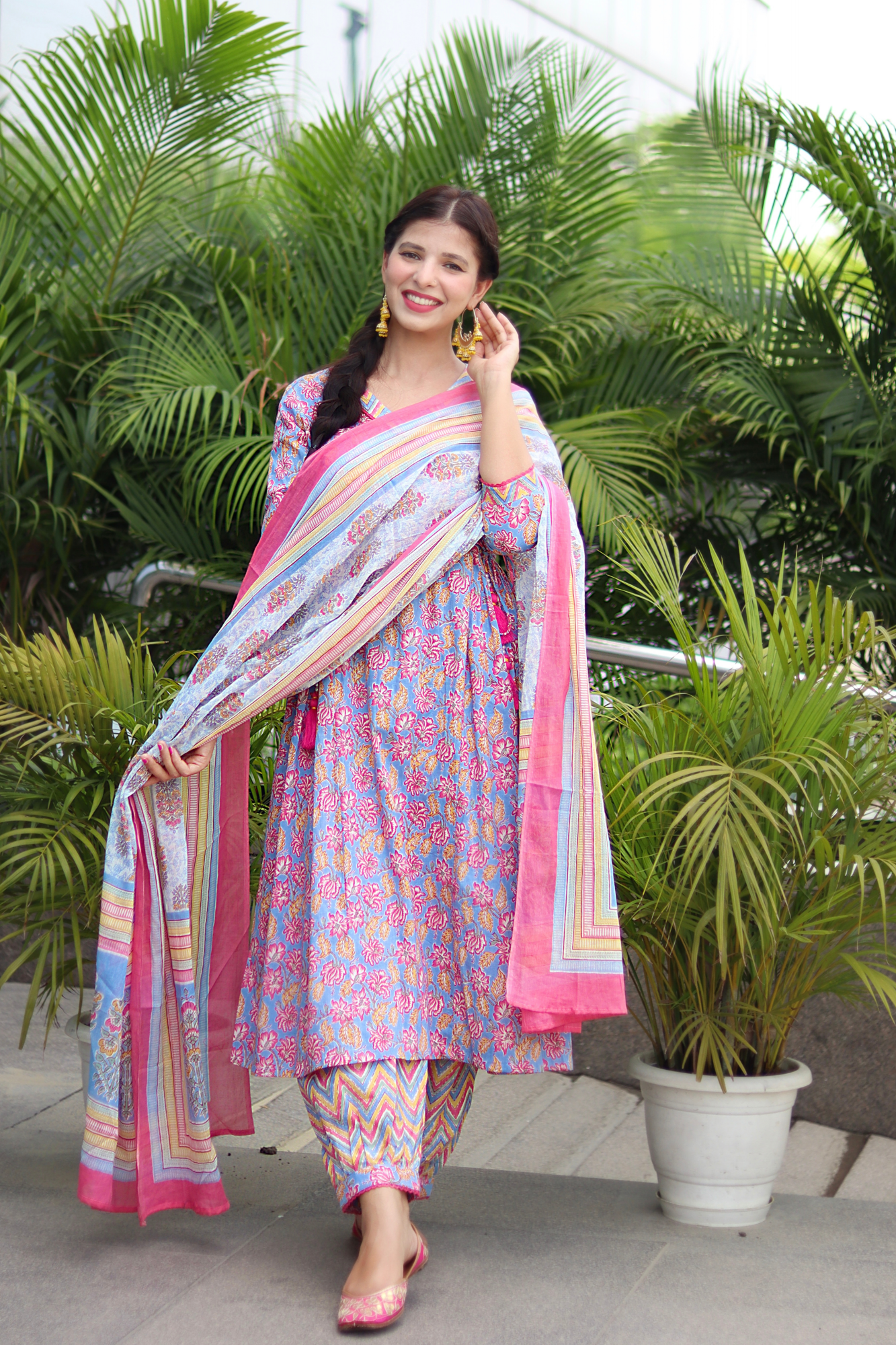 PINK COTTON ANARKALI SUIT SET