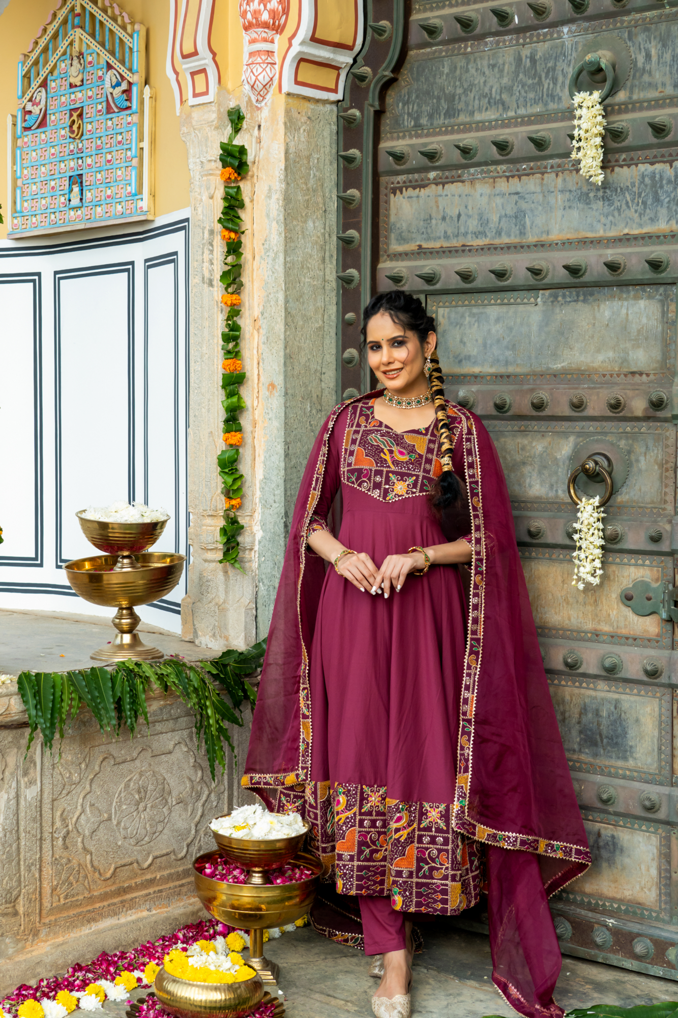 LUXE WINE EMBROIDERED ANARKALI SUIT SET