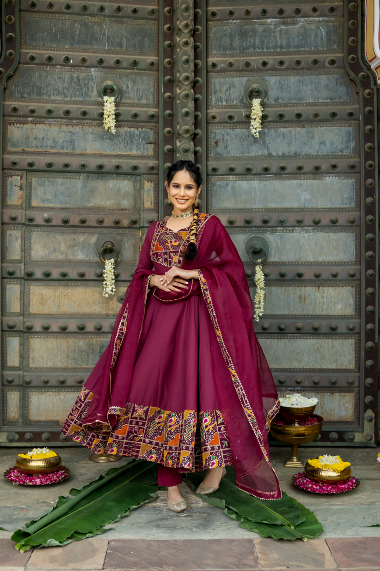 LUXE WINE EMBROIDERED ANARKALI SUIT SET