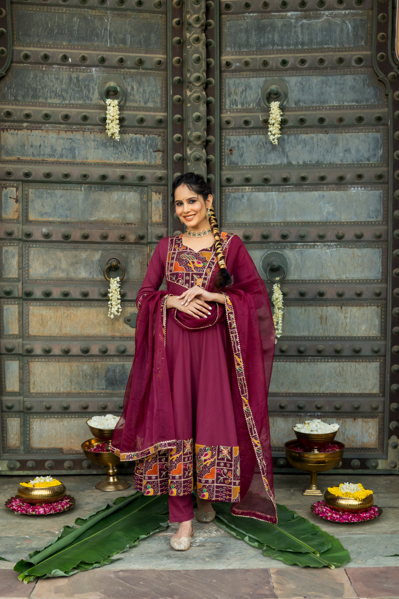 LUXE WINE EMBROIDERED ANARKALI SUIT SET