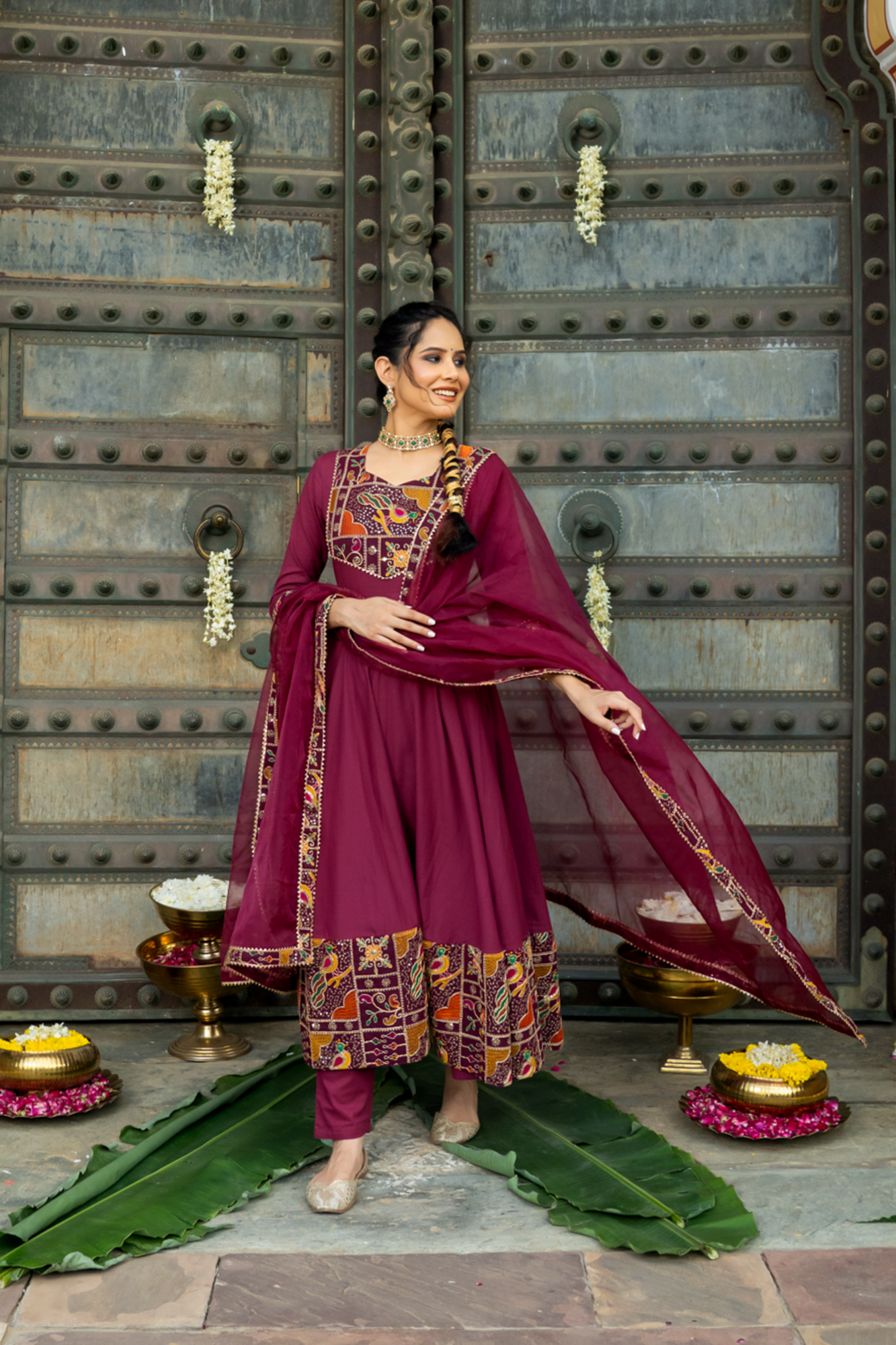 LUXE WINE EMBROIDERED ANARKALI SUIT SET