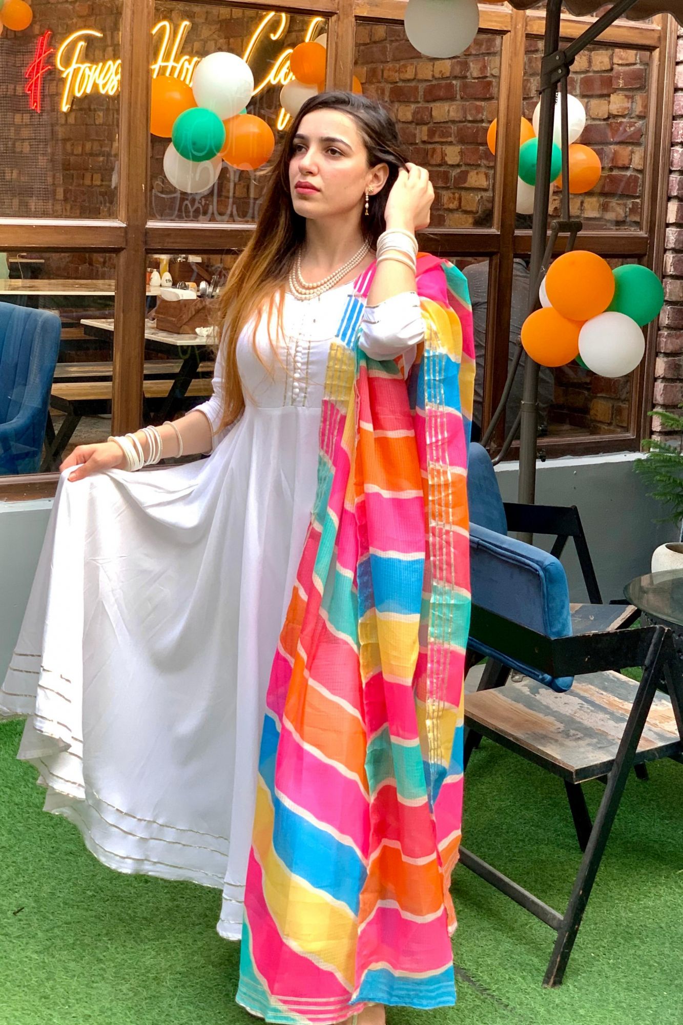 WHITE FLARED KOTA DORIYA SUIT SET