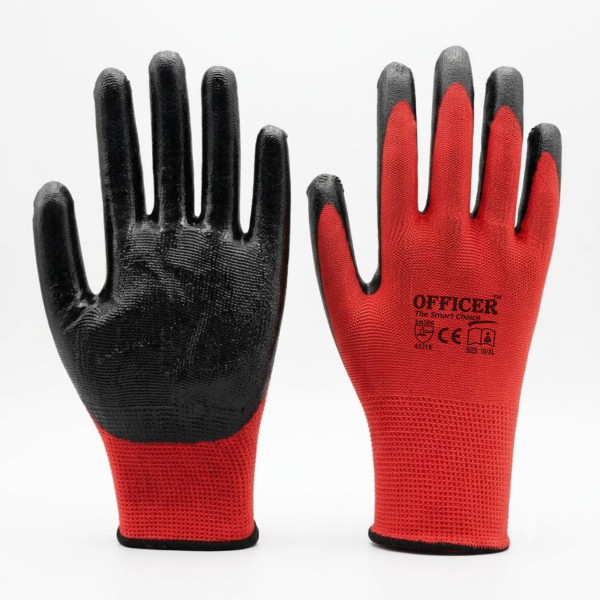 Image of Red on Black Nitrile Coated Gloves