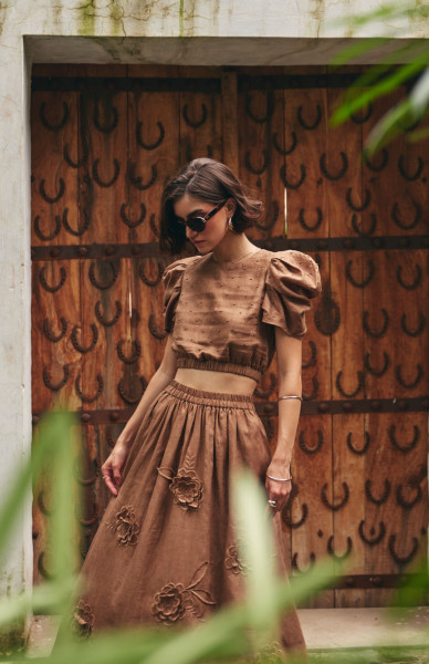Hand-Stitched Brown Linen Co-ord