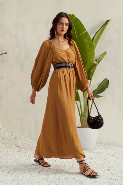 Desert Tan Peasant Sleeve Flow Dress