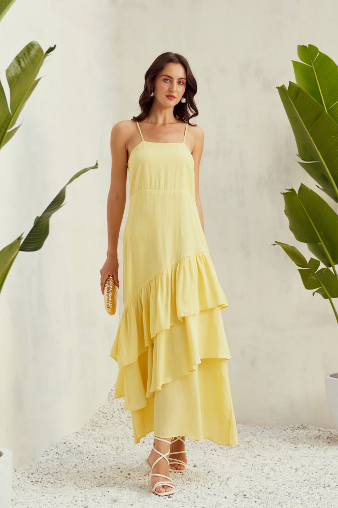 Image of Pastel Yellow Tiered Cocktail Dress
