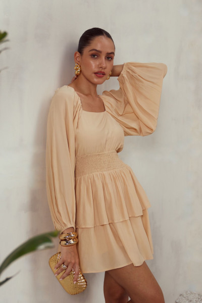 Beige Crepe Layered Dress with Soft Flow